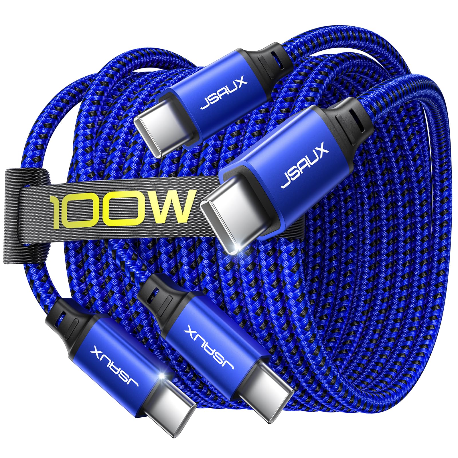 JSAUX 100W USB C to USB C Fast Charging Cable 2-Pack (10FT) - Type C PD Charger Cord Compatible with iPhone 15 Series, Samsung Galaxy S24/S23, MacBook, iPad Pro/Air - Fast Phone & Laptop Charging for Home, Office, Car & Travel (Blue)