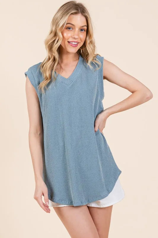 BOMBOM Rib Knit V Neck Tank Top for Women - Soft Stretch Casual Sleeveless Shirt - Perfect for Layering, Summer Outfits, and Everyday Wear