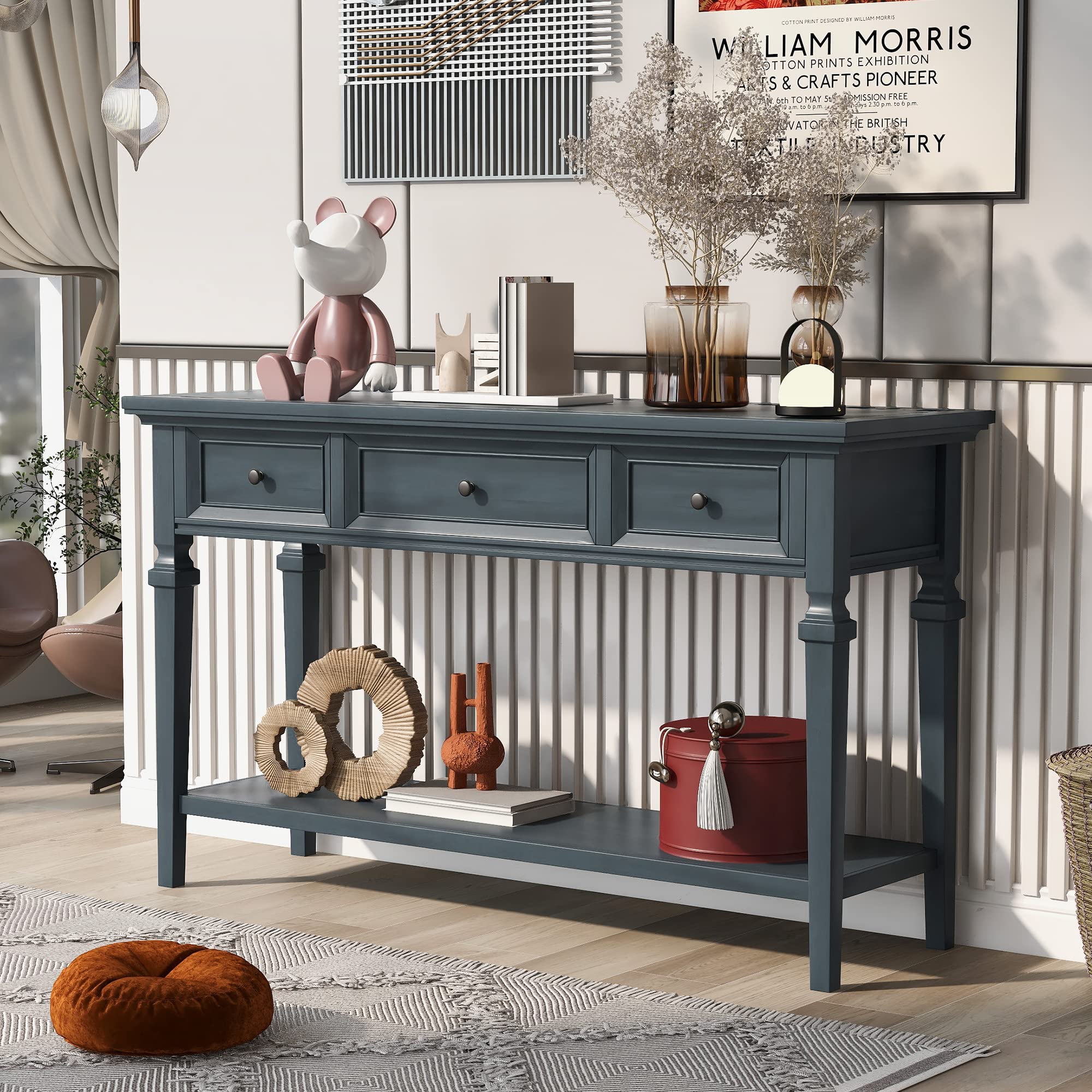 P PURLOVE Navy Console Table with 2 Drawers & Open Shelf - Entryway Sofa Table, Hallway Accent Furniture for Living Room, Bedroom & Office Organization