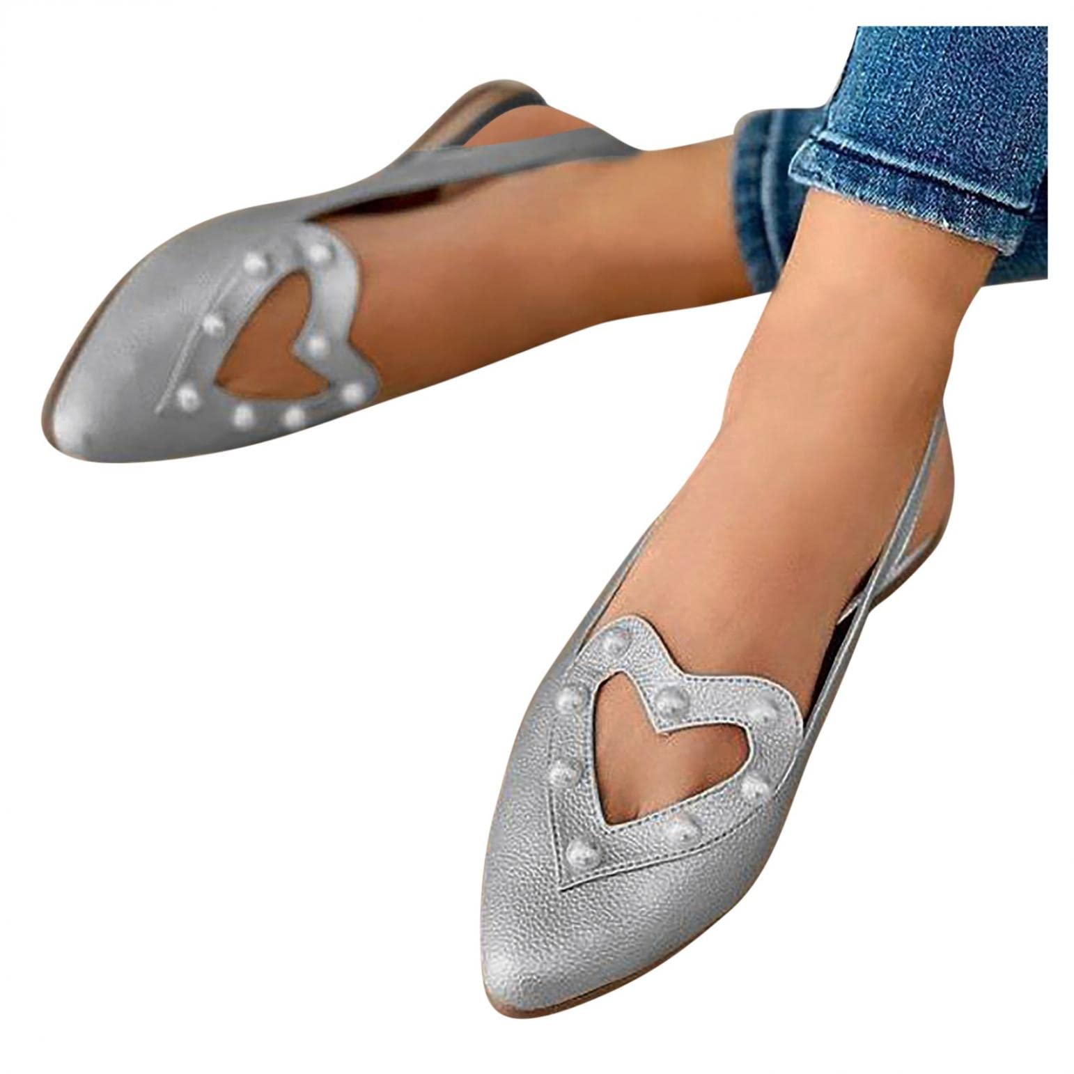 Women's Ballet Flats - Pointed Toe Heart Cutout Pearl Embellished Leather Slip-On Shoes | Comfortable Dress Loafers for Office, Driving & Walking | Perfect for Work, Weddings & Casual Outfits