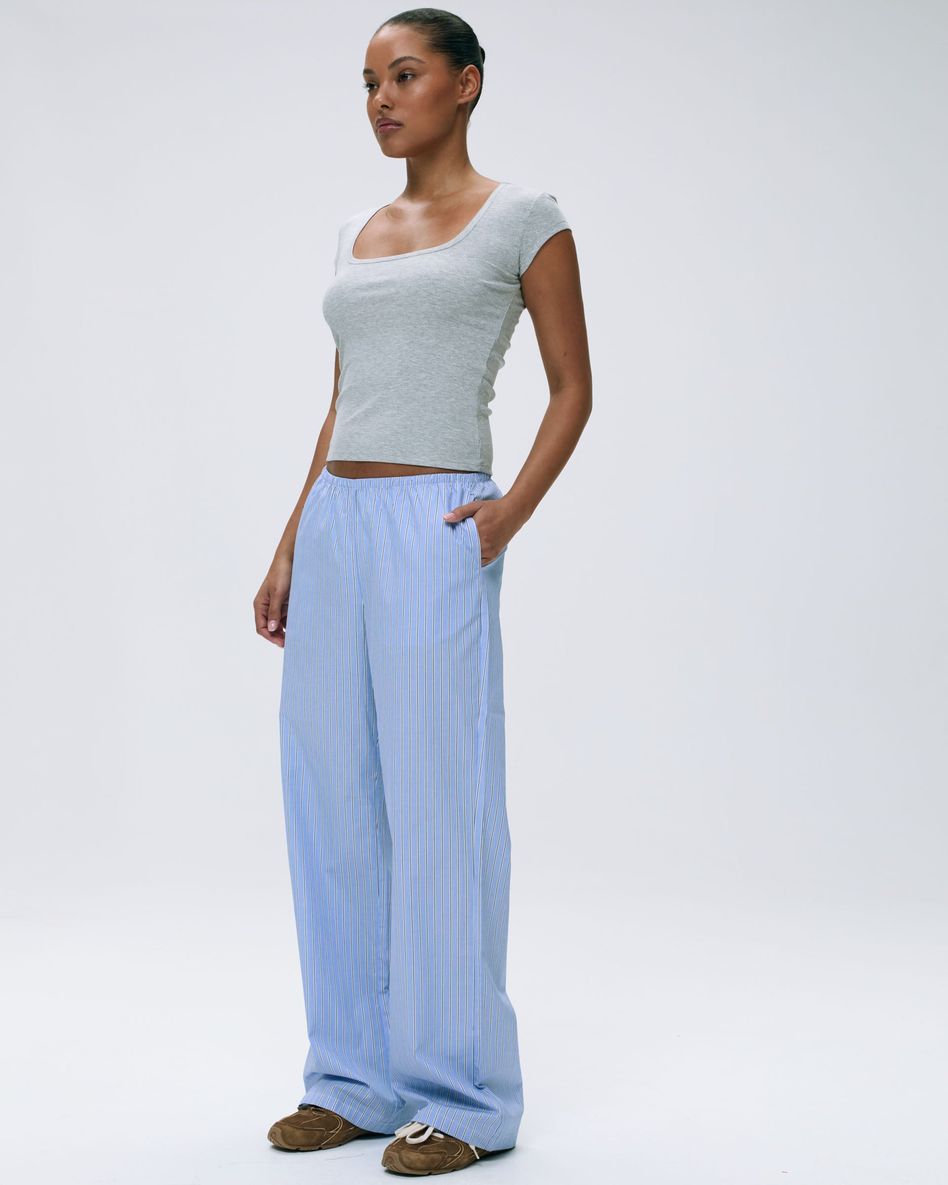 Women's Ribbed Short Sleeve Scoop Neck T-Shirt - Light Grey Melange | Casual Everyday Wear & Layering Essential