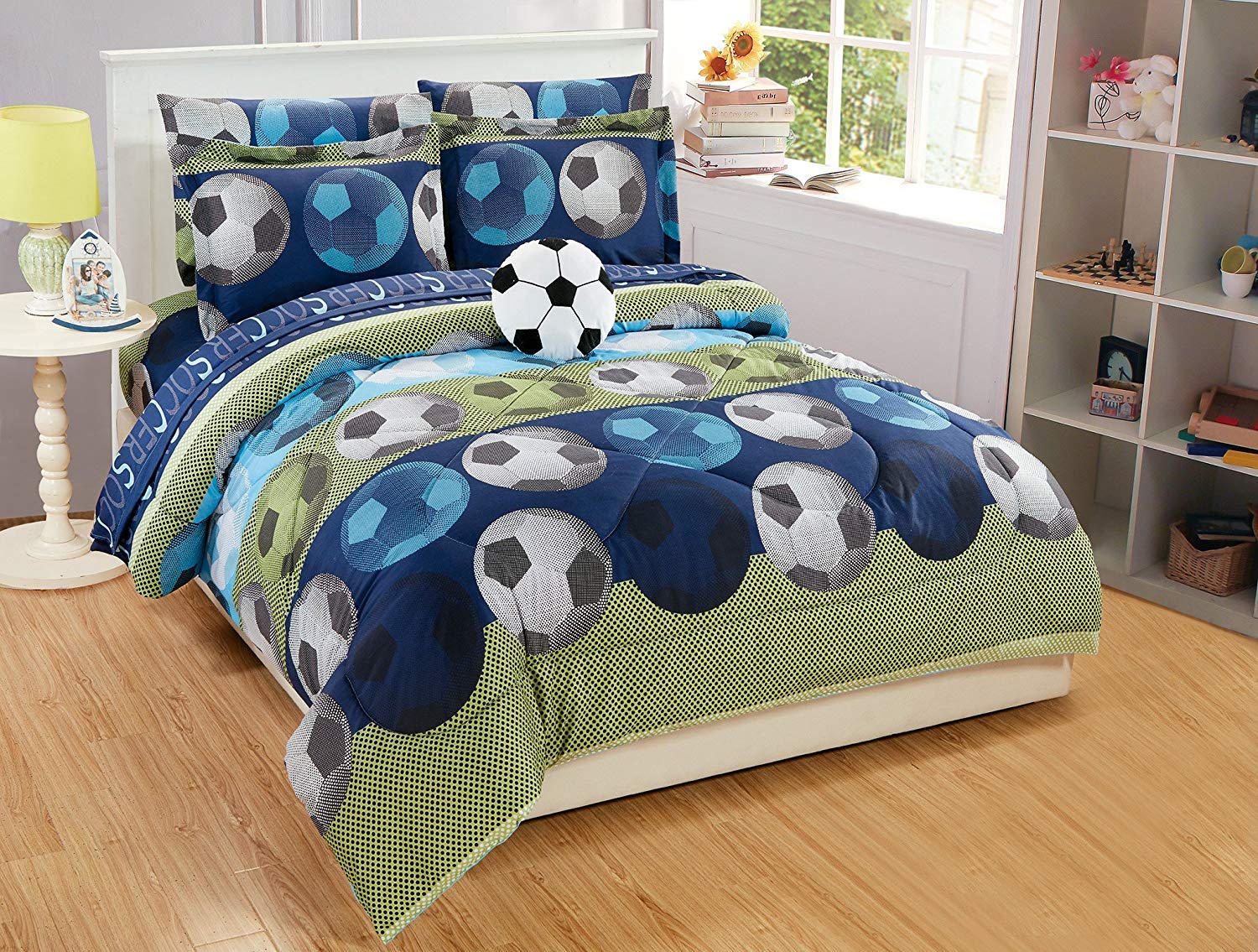 MK Collection Queen Comforter Set with Furry Soccer Pillow - Light Blue, Green, Navy Blue, White & Black | Perfect for Soccer Fans' Bedroom Decor & Sports Themed Rooms