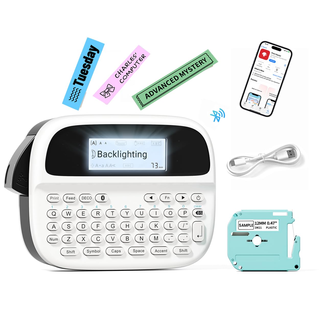 Rechargeable Label Maker Machine with Keyboard - M950 Handheld Label Printer | 12mm MZ-Tape, Backlit LCD Screen, Multiple Fonts & Icons | Perfect for Home, Office, Classroom Organization & Storage Labeling