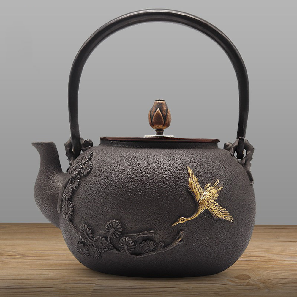 Premium Pine & Crane Cast Iron Teapot - Japanese Tetsubin Style for Loose Leaf Tea Brewing - Perfect for Tea Ceremonies, Home Use & Gifts