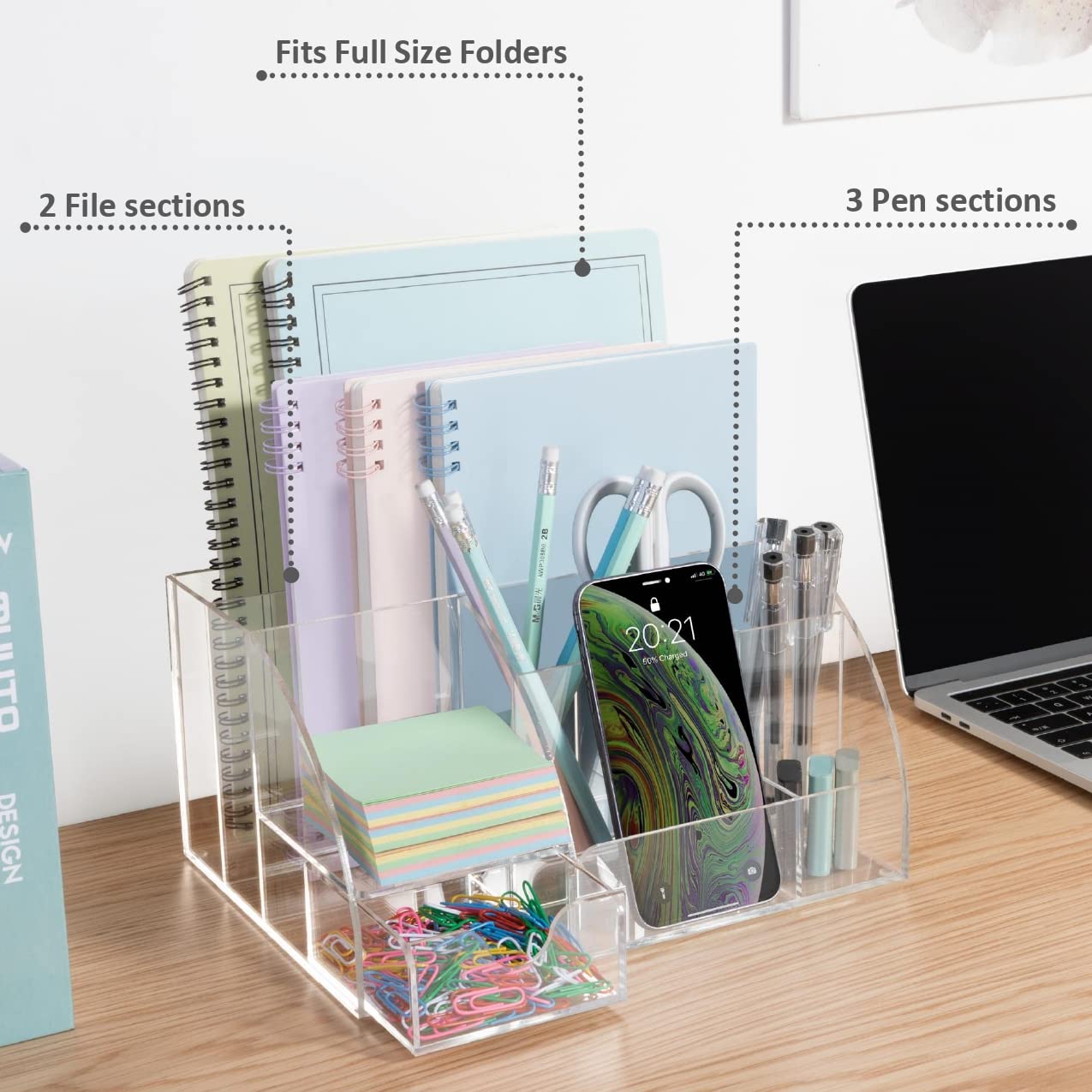 Clear Acrylic Desk Organizer with 9 Compartments - Office Supplies & Stationery Storage - Modern Home & Office Desktop Organizer for Pens, Paper Clips, Sticky Notes - Perfect for Work Desks, Study Tables & Home Office Decor