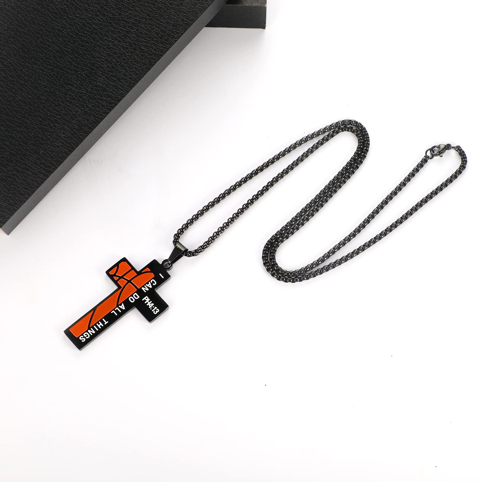 ZRAY Black Basketball Cross Necklace - Engraved 'I Can Do All Things' Philippians 4:13 Bible Verse Pendant - Stainless Steel Chain Sports Jewelry Gift for Men & Boys - Perfect for Basketball Players, Athletes & Christian Faith Inspiration