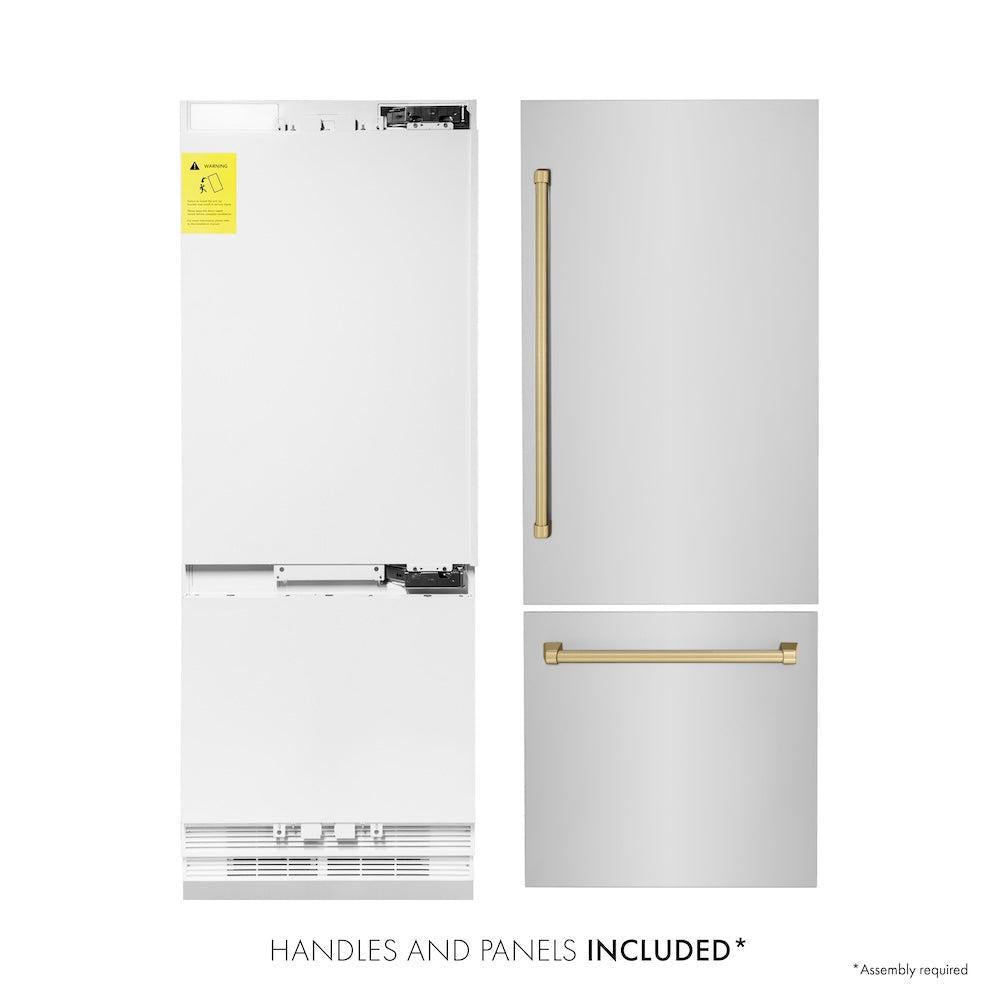 ZLINE Autograph Edition 30 Inch Built-In Bottom Freezer Refrigerator - 16.1 cu ft Capacity, Stainless Steel with Champagne Bronze Accents, Water Dispenser & Ice Maker - Perfect for Modern Kitchens, Open Concept Homes & Luxury Condos (RBIVZ 304 30 CB)