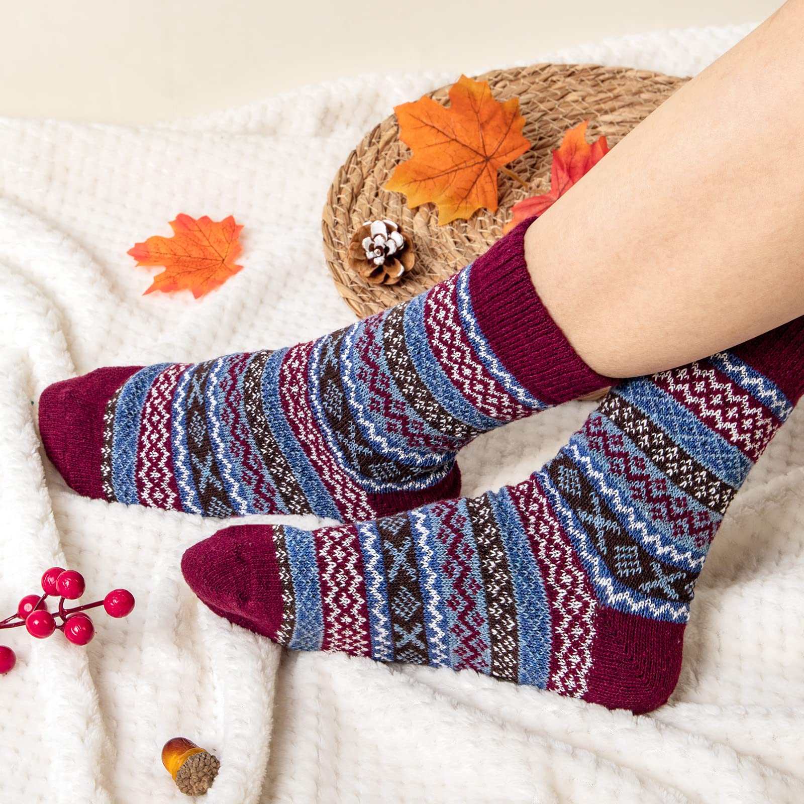 5 Pack Women's Wool Winter Socks - Warm Thick Knit Crew for Hiking & Gifts