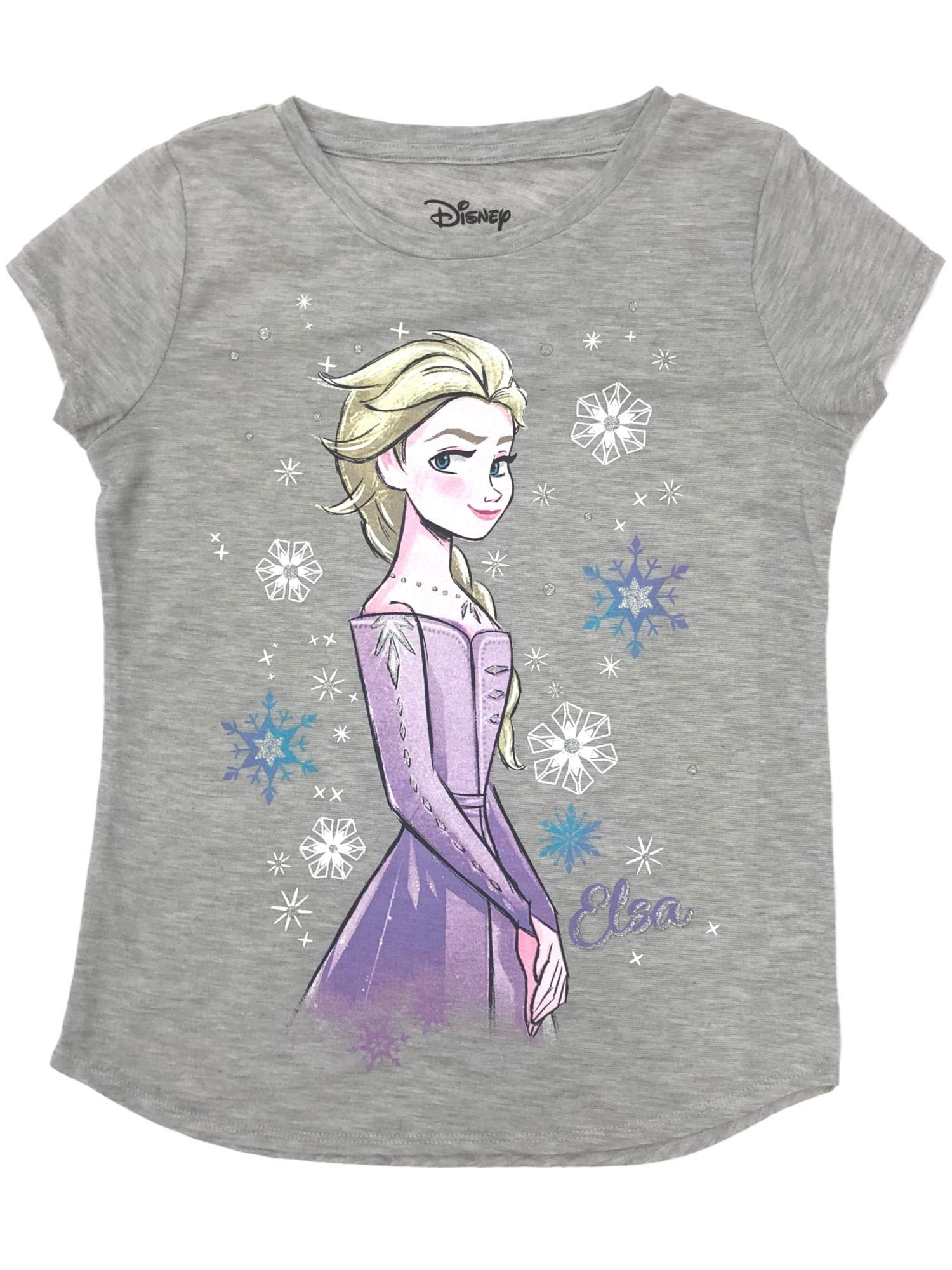 Disney Frozen Girls Gray Sparkle Elsa Snowflake T-Shirt - Official Licensed Kids Apparel for Birthday & Christmas Gifts | School, Playdates & Theme Park Outfits
