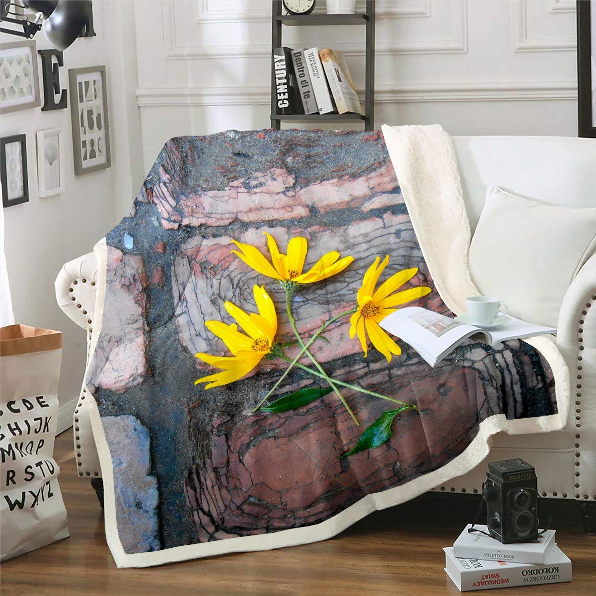 Soft Yellow Floral Sherpa Blanket - 30x40 Inch Cozy Flannel Throw for Couch, Sofa, Chair & Bed - Warm Kids Blanket for Winter, Home Decor & Gifts