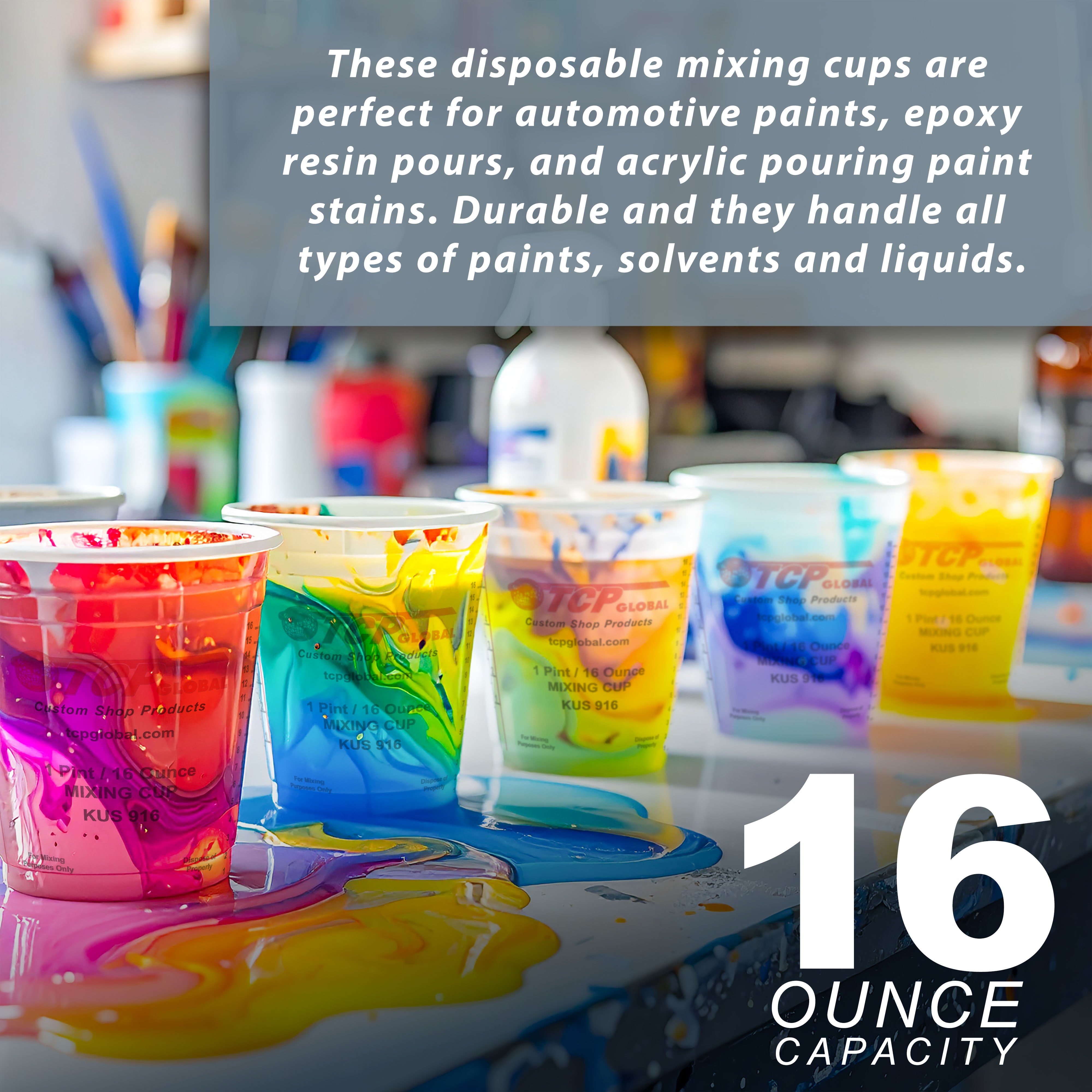 16oz Paint Mixing Cups (Pack of 36) - Disposable & Reusable Plastic Measuring Cups for Automotive Paint, Epoxy Resin, Acrylic Arts & Crafts - Graduated with Mixing Ratios - Perfect for DIY Projects, Home Renovations & Professional Painting