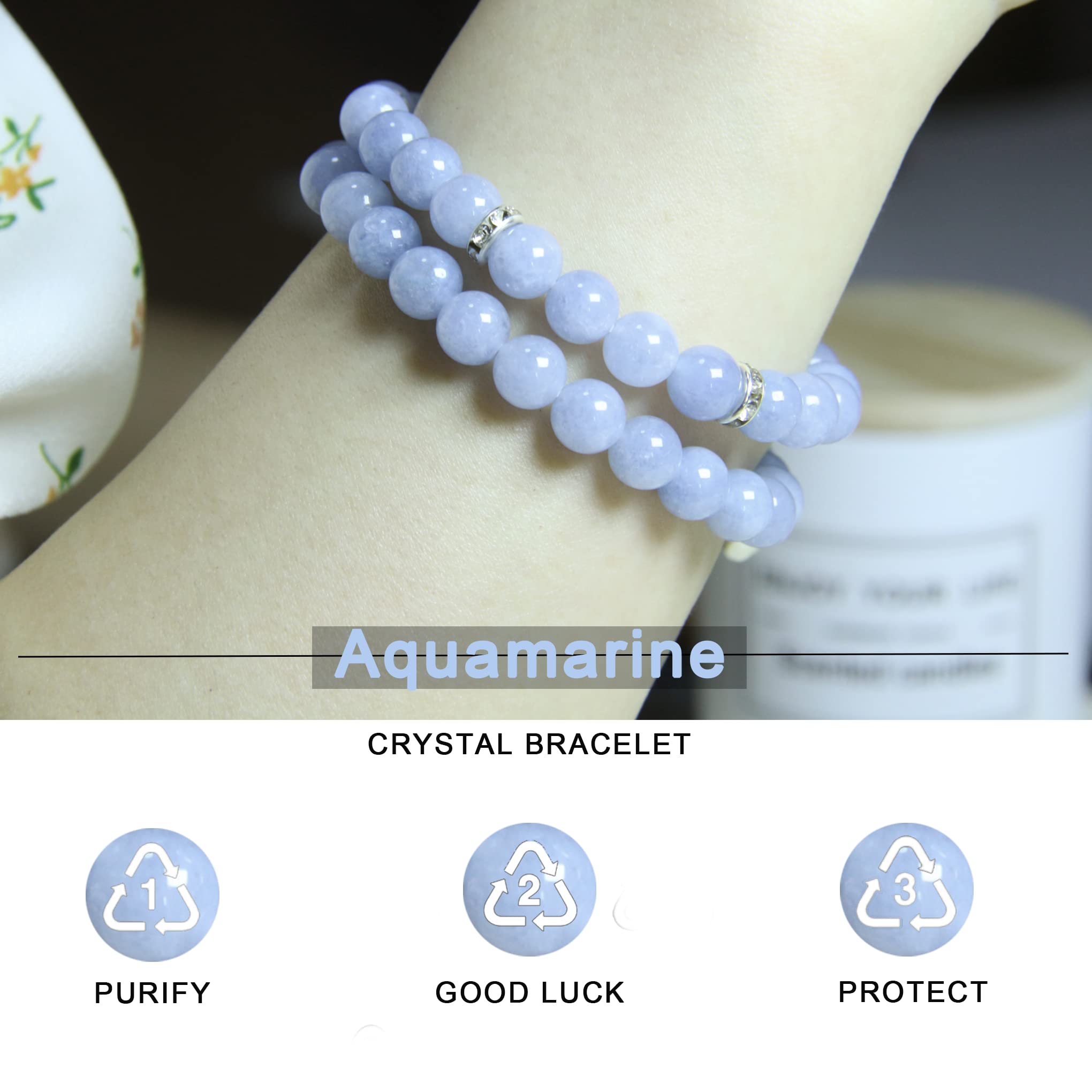 Healing Bracelets for Women - Aquamarine Crystal Prayer Bracelet with 8mm Natural Stones, Stress Relief & Yoga Beads - Perfect for Meditation, Wellness Gifts & Get Well Soon Presents