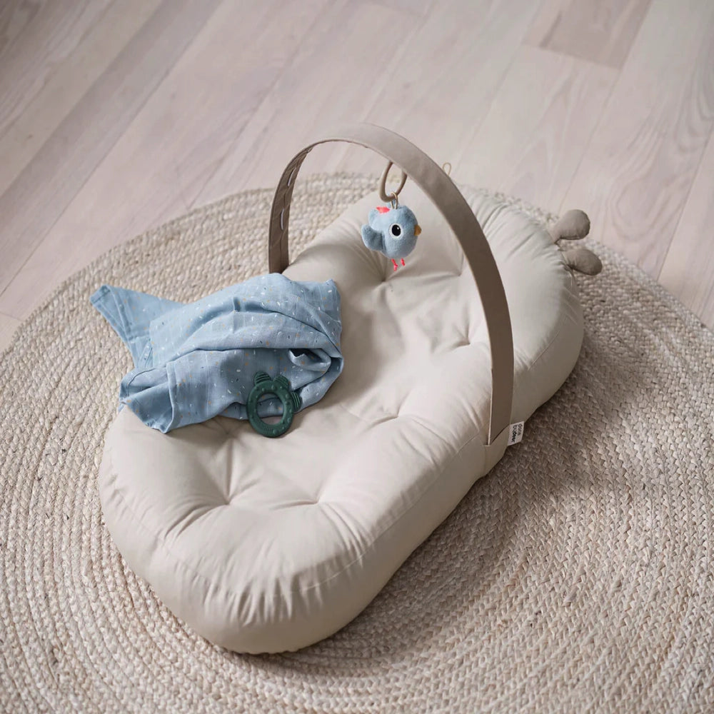 Done by Deer Cozy Lounger with Activity Arch - Soft Baby Playmat & Infant Lounger for Newborns - Interactive Toys for Tummy Time & Play - Raffi Blue - Perfect for Nursery, Daycare & On-the-Go