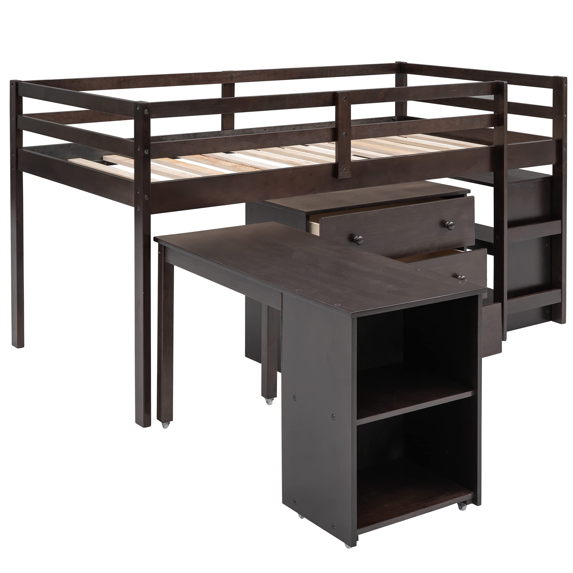 Twin Size Loft Bed with Desk and Cabinet - Low Study Loft Bed Frame for Kids & Teens - Rolling Portable Desk Included - Espresso Finish - Perfect for Small Bedrooms, Dorms & Study Spaces