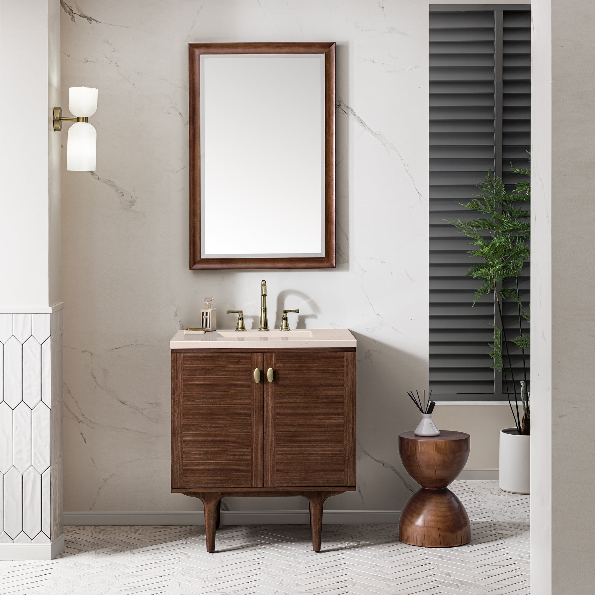 Amberly 30 Inch Single Bathroom Vanity - Mid Century Modern Walnut Finish with 3CM Eternal Marfil Stone Top | Perfect for Small Bathrooms, Powder Rooms & Master Suites