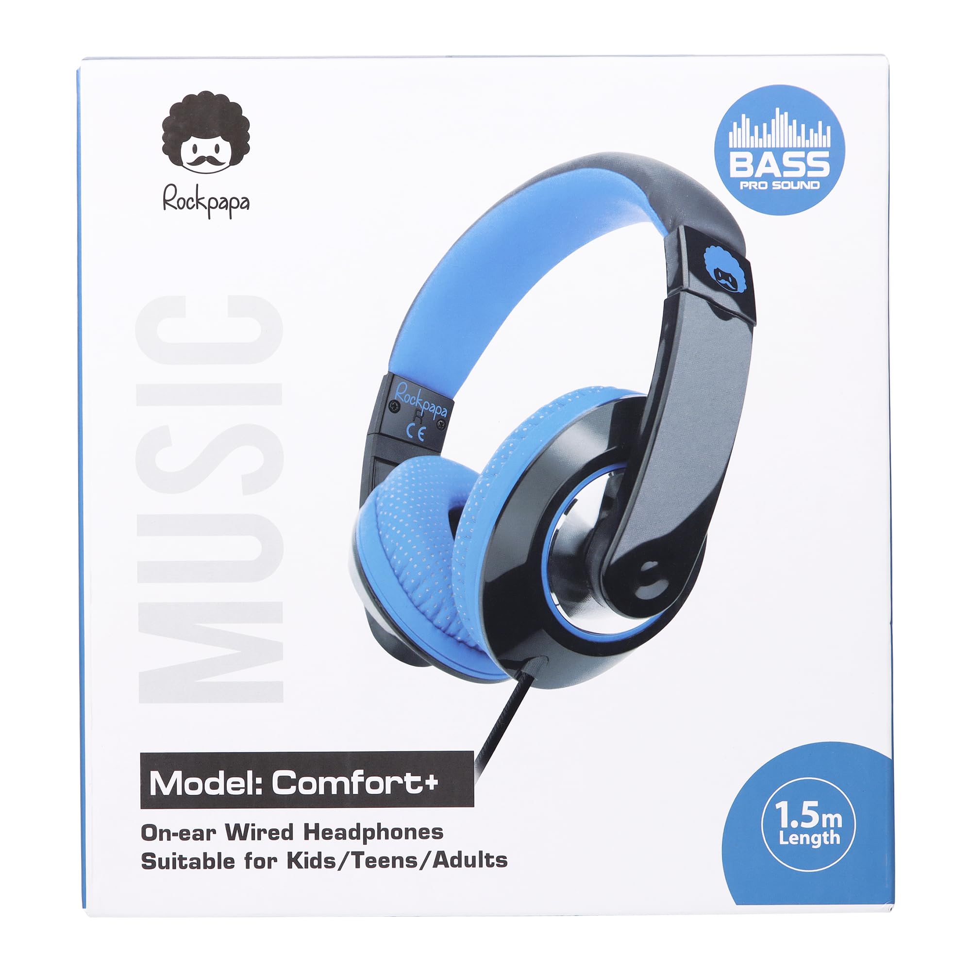 Rockpapa Comfort+ Kids Headphones with Microphone - Over-Ear Wired Headphones for Boys & Girls, Students - Compatible with School, Classroom, Laptop, PC, Computer & Tablet (Black/Blue) - Perfect for Online Learning, Homeschooling & Remote Classes