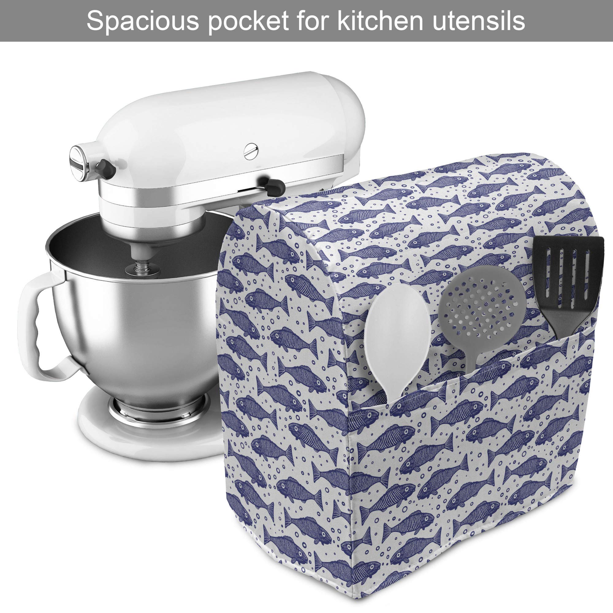 Ambesonne Nautical Stand Mixer Cover - Monochrome Hand-Drawn Fish Pattern Kitchen Appliance Organizer with Pocket (6-8 Quarts, Violet Blue & White) | Perfect for Kitchen Organization & Countertop Protection