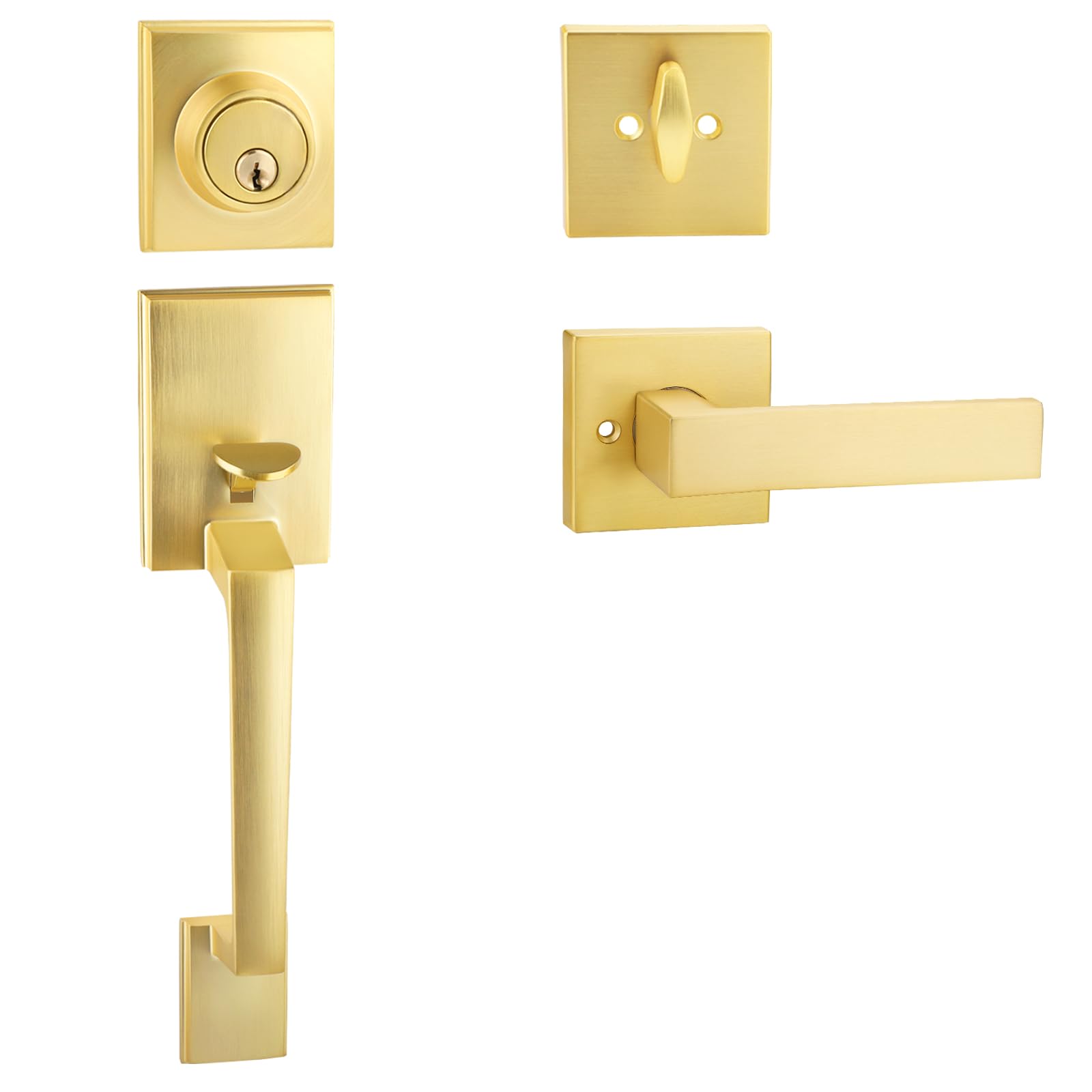Heavy Duty Square Front Door Handle Set with Single Cylinder Deadbolt - Satin Brass Finish | Secure Entry Door Lock for Home, Apartment & Office