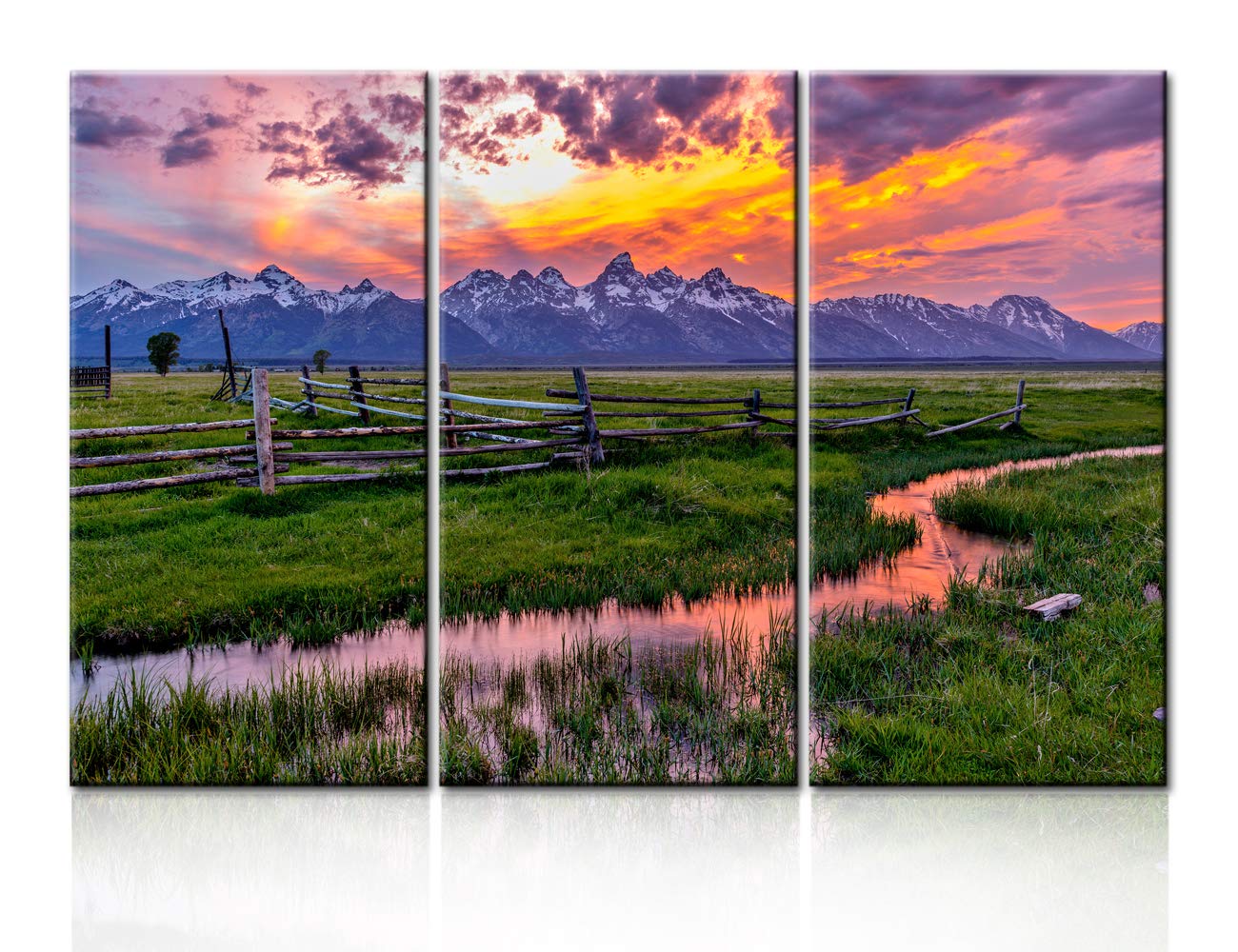Grand Teton Wyoming Landscape Painting - 3 Piece Canvas Wall Art Set (28