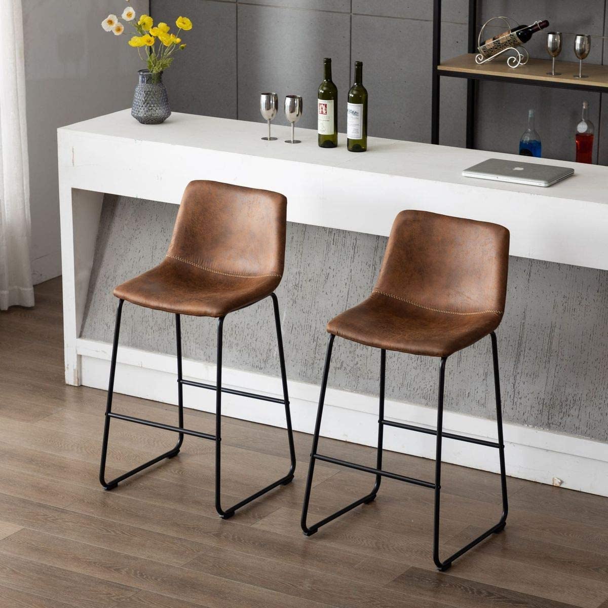Vanity Art Set of 2 Synthetic Leather Barstools - Armless Upholstered Dining Chairs with Sturdy Metal Legs, Brown (UC-13HBRN) - Perfect for Kitchen Islands, Breakfast Bars & Small Space Dining