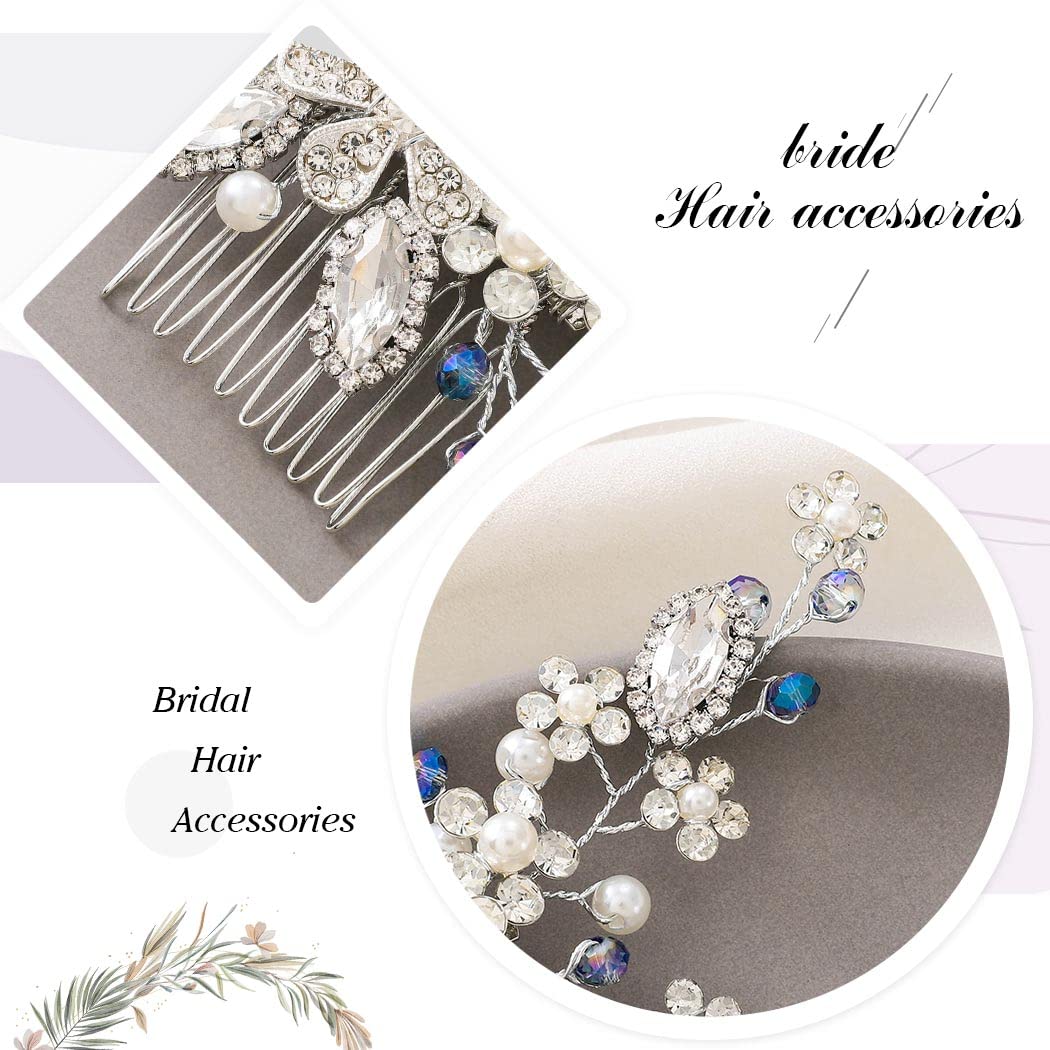 Silver Crystal Wedding Hair Comb with Blue Rhinestones - Bridal Hair Accessories for Women