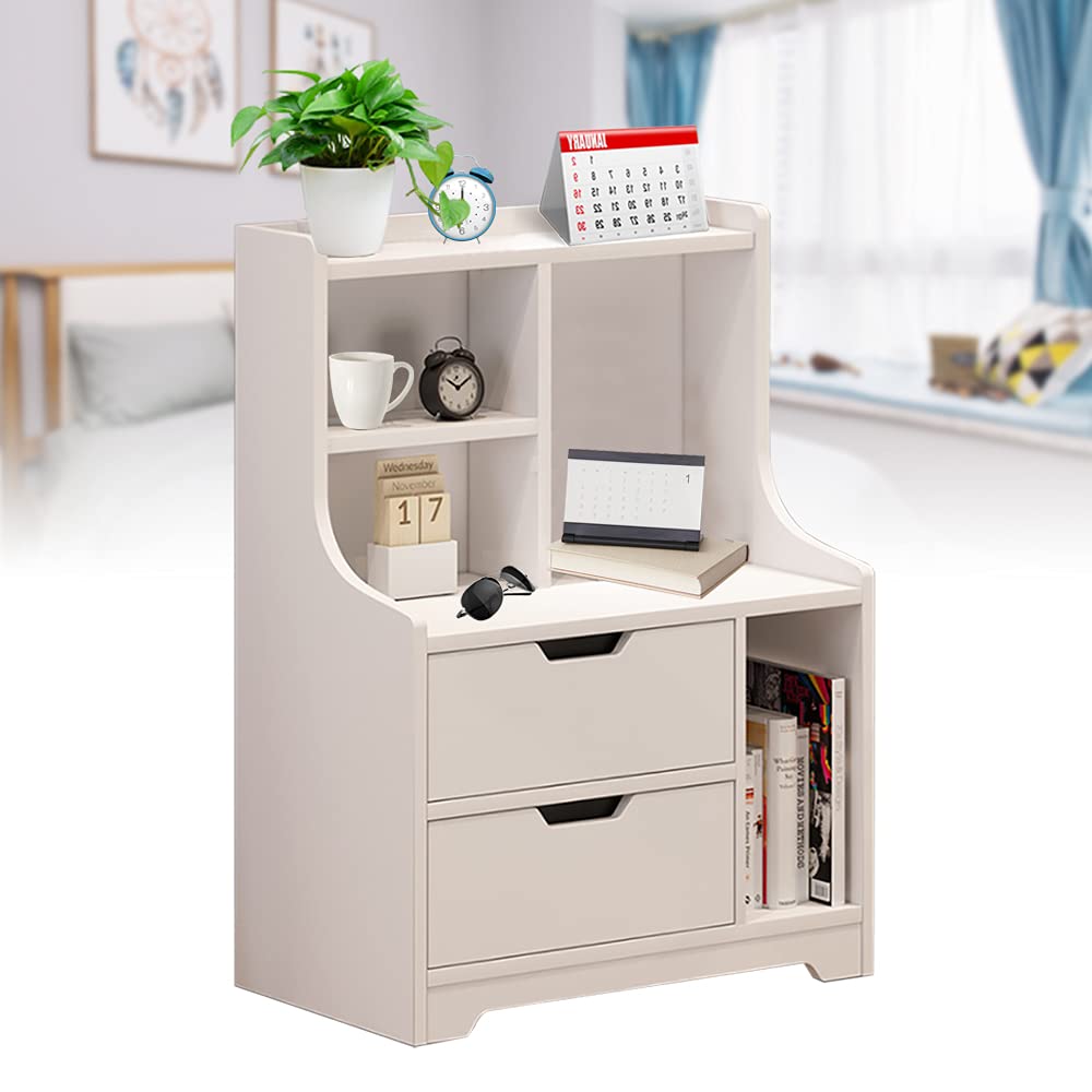 White MDF Bedside Table with Drawer - Multifunctional Storage Nightstand for Bedroom, Living Room & Home Office - Compact Side Table with Cabinet Space for Books, Lamps & Essentials