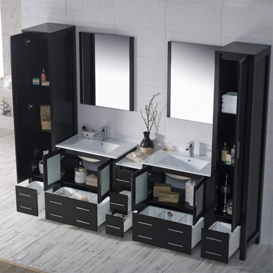 102-Inch Espresso Wood Double Ceramic Sink Bathroom Vanity with Side Cabinet & Mirrors - Modern Bathroom Storage Solution for Master Bath or Guest Bath Remodel