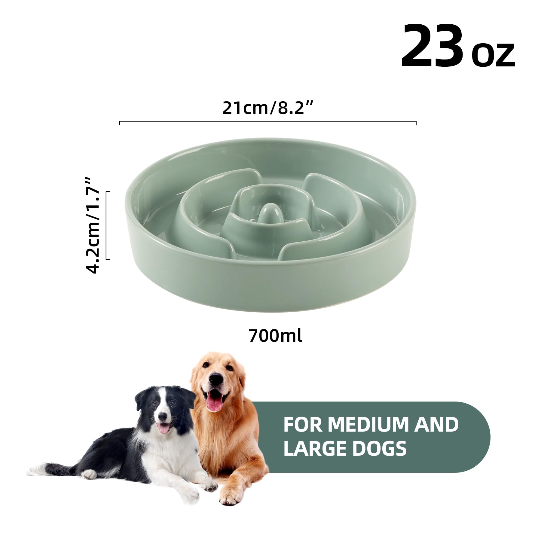 8.2 Inch Ceramic Slow Feeder Dog Bowl for Medium & Large Breeds - Anti-Gulping Puzzle Food Dish to Prevent Bloat & Choking - Light Green Pet Bowl for Healthy Eating - Perfect for Fast Eaters & Mealtime Enrichment