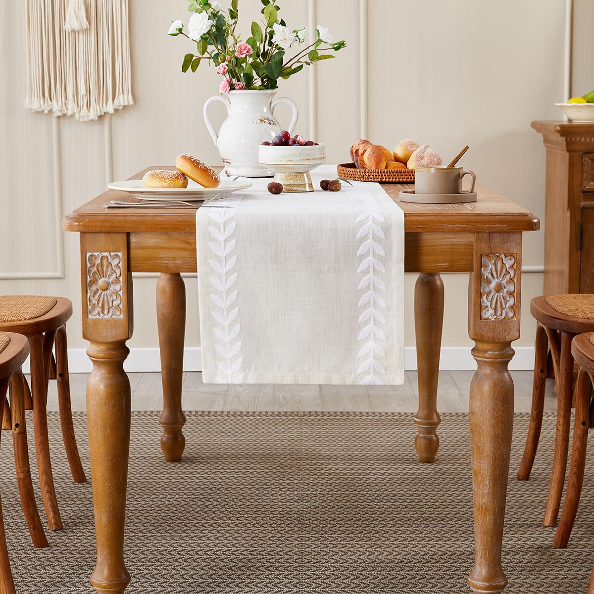 Wracra Embroidered Table Runner - 14 x 72 Inch Irregular Willow Leaf Design, White Linen Dining Table Decor for Home, Wedding & Holiday Parties - Perfect for Dressers, Buffets & Formal Dining Tables