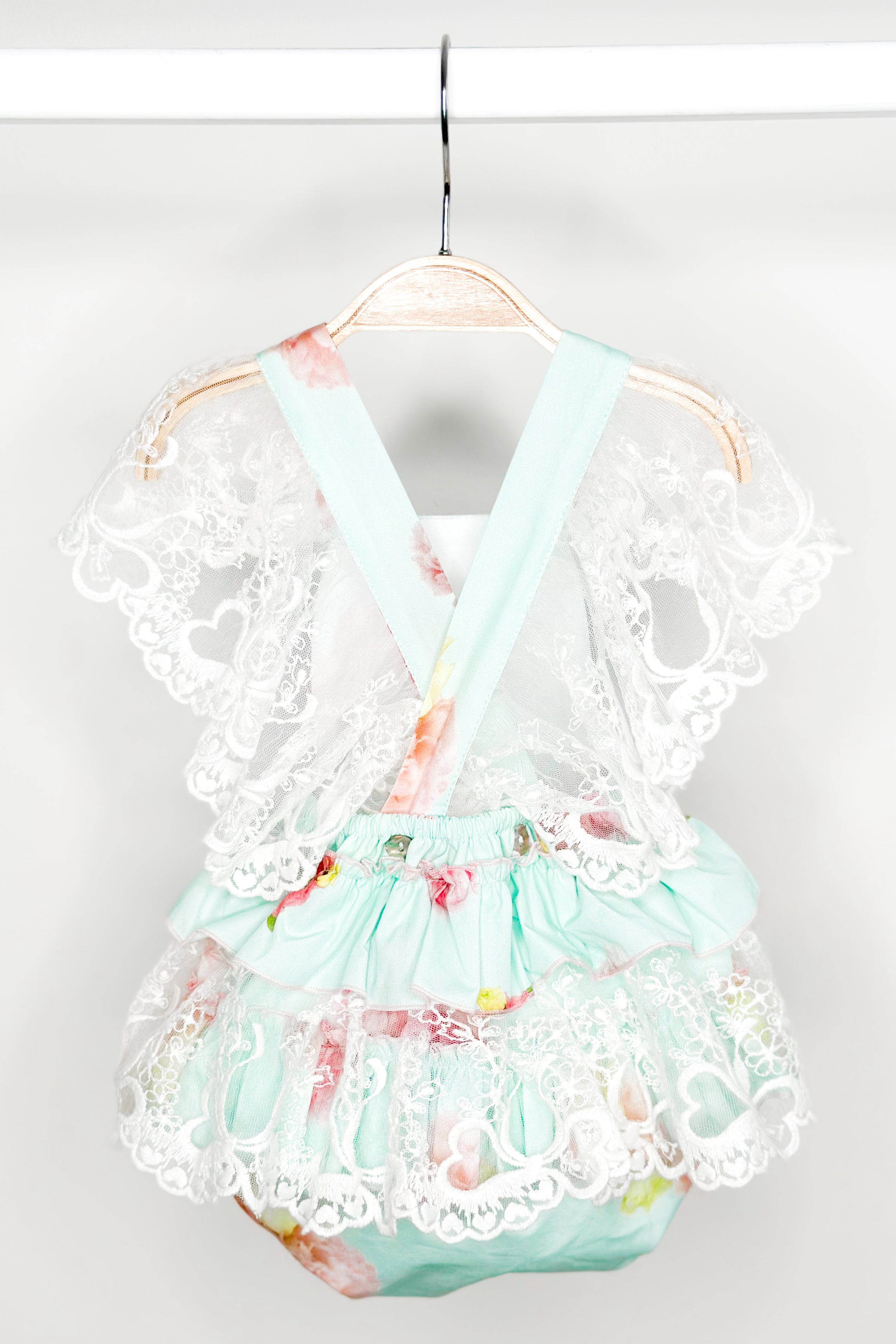 Stylish Peaches Aquamarine Pink Peony Lace Dungaree Romper Jumpsuit for Women - Perfect for Summer Outfits, Beach Vacations & Boho Fashion