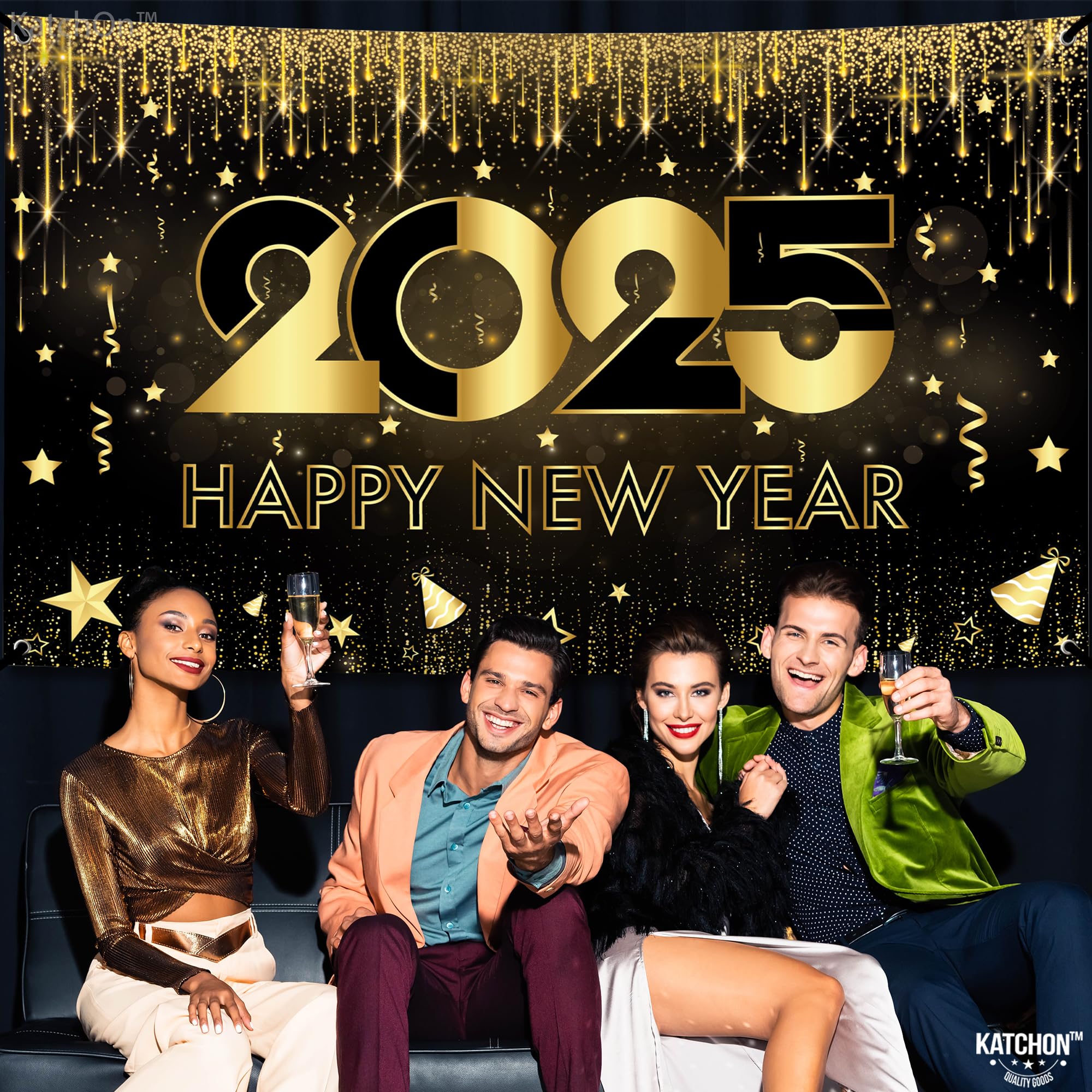 KatchOn Extra Large Happy New Year Banner - 72x44 Inch | 2025 New Year's Backdrop & Party Decorations | NYE Celebration Supplies for Home, Office & Events | Perfect for New Year's Eve Parties, Countdowns & Photo Booths