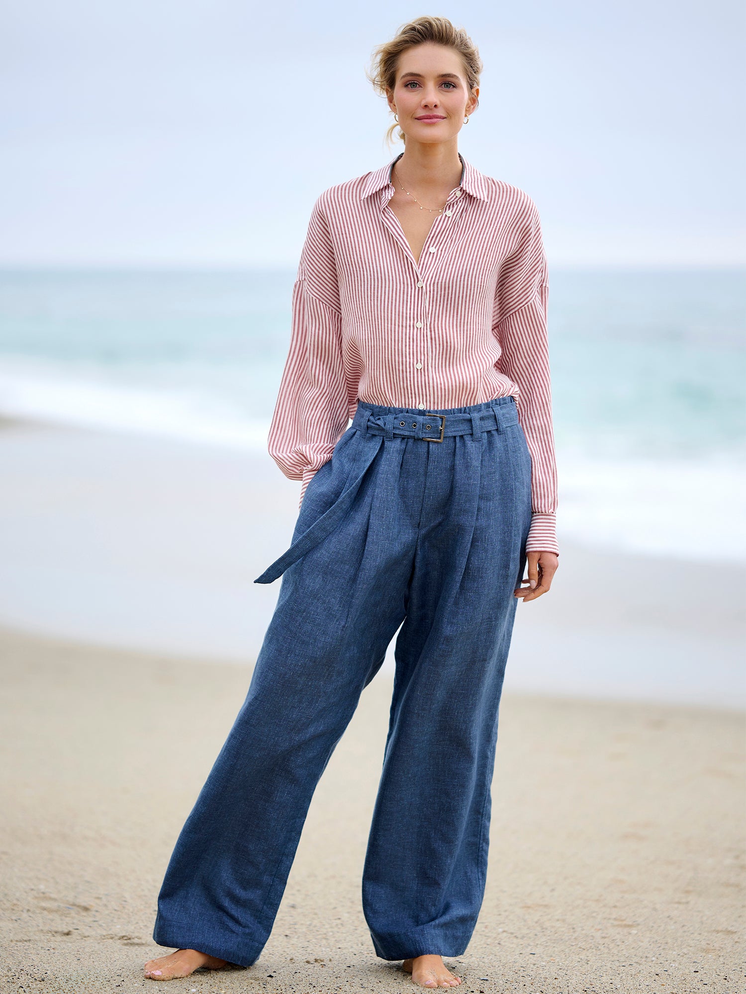 Oversized Linen Silk Stripe Shirt for Women - Breathable Summer Blouse with Striped Pattern - Perfect for Beach Vacation, Office Wear & Casual Outfits