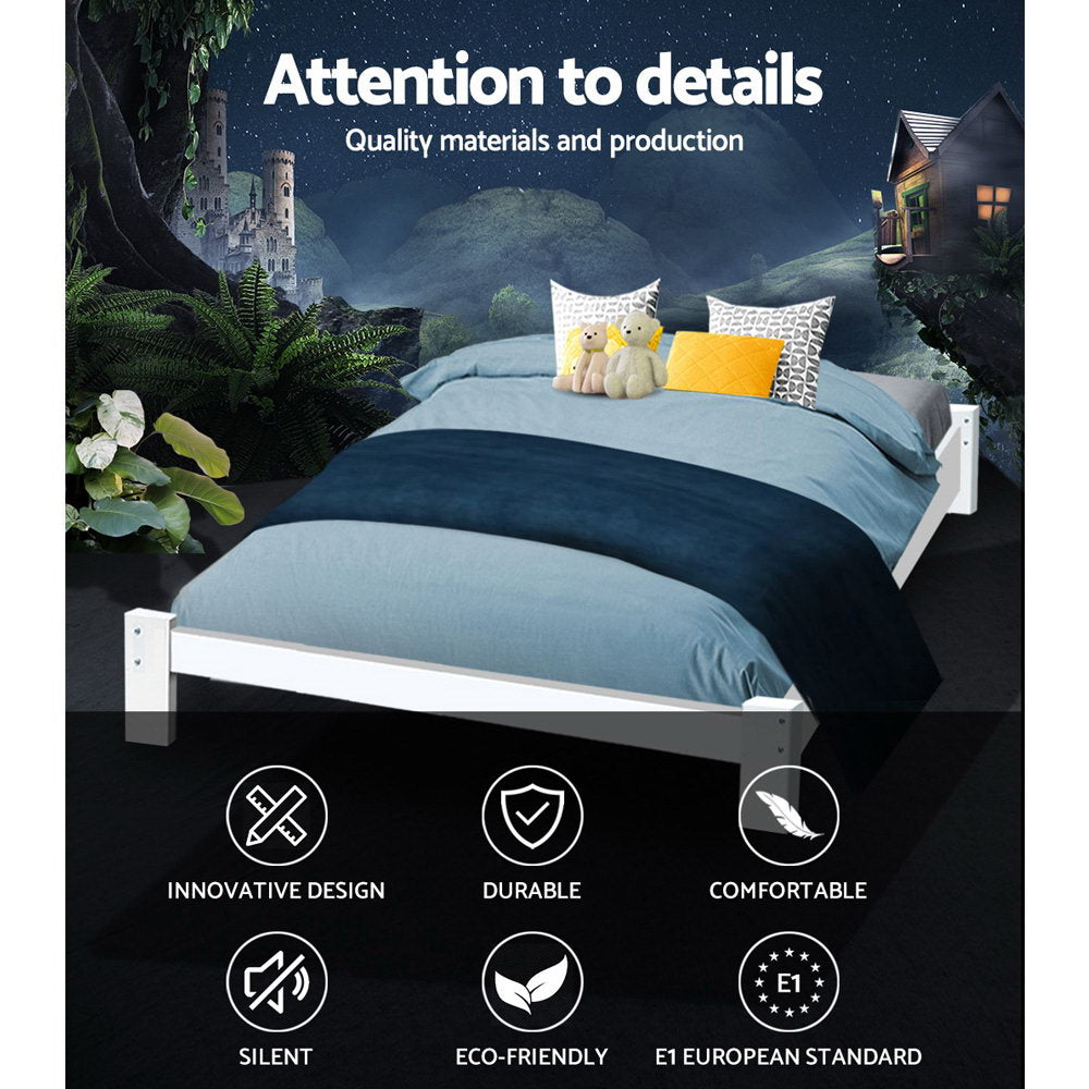 Fairy White Wooden Double Bed Frame - Queen Size Solid Wood Bed with Headboard - Perfect for Master Bedroom, Guest Room & Kids Room