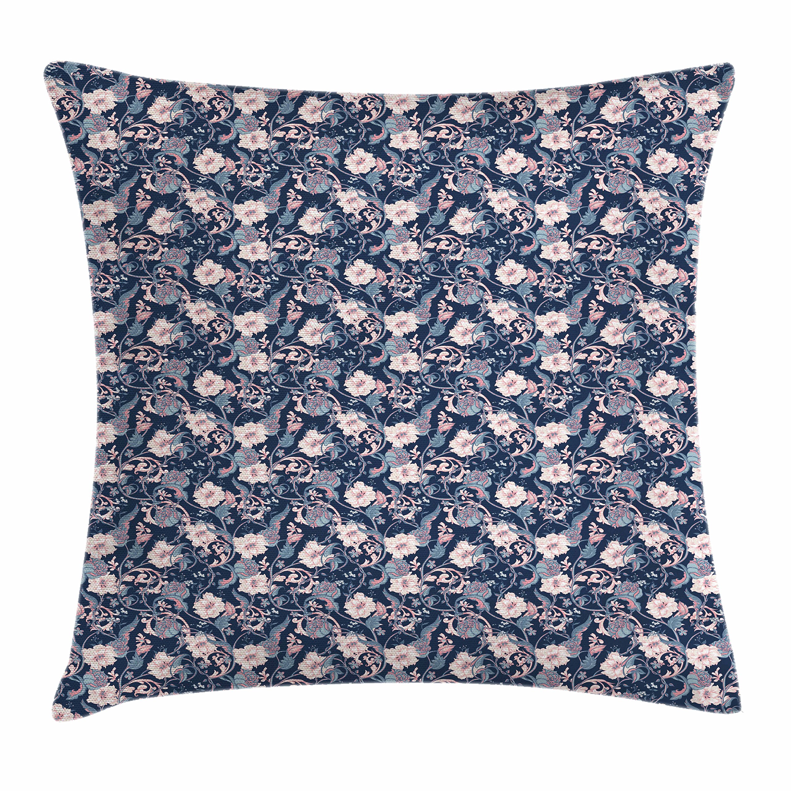 Ambesonne Victorian Throw Pillow Cover 18x18 Inch - Vintage Floral Rose & Magnolia Bouquet Design on Dark Blue Background - Decorative Square Cushion Case for Sofa, Bed, Living Room - Romantic Home Decor Accent