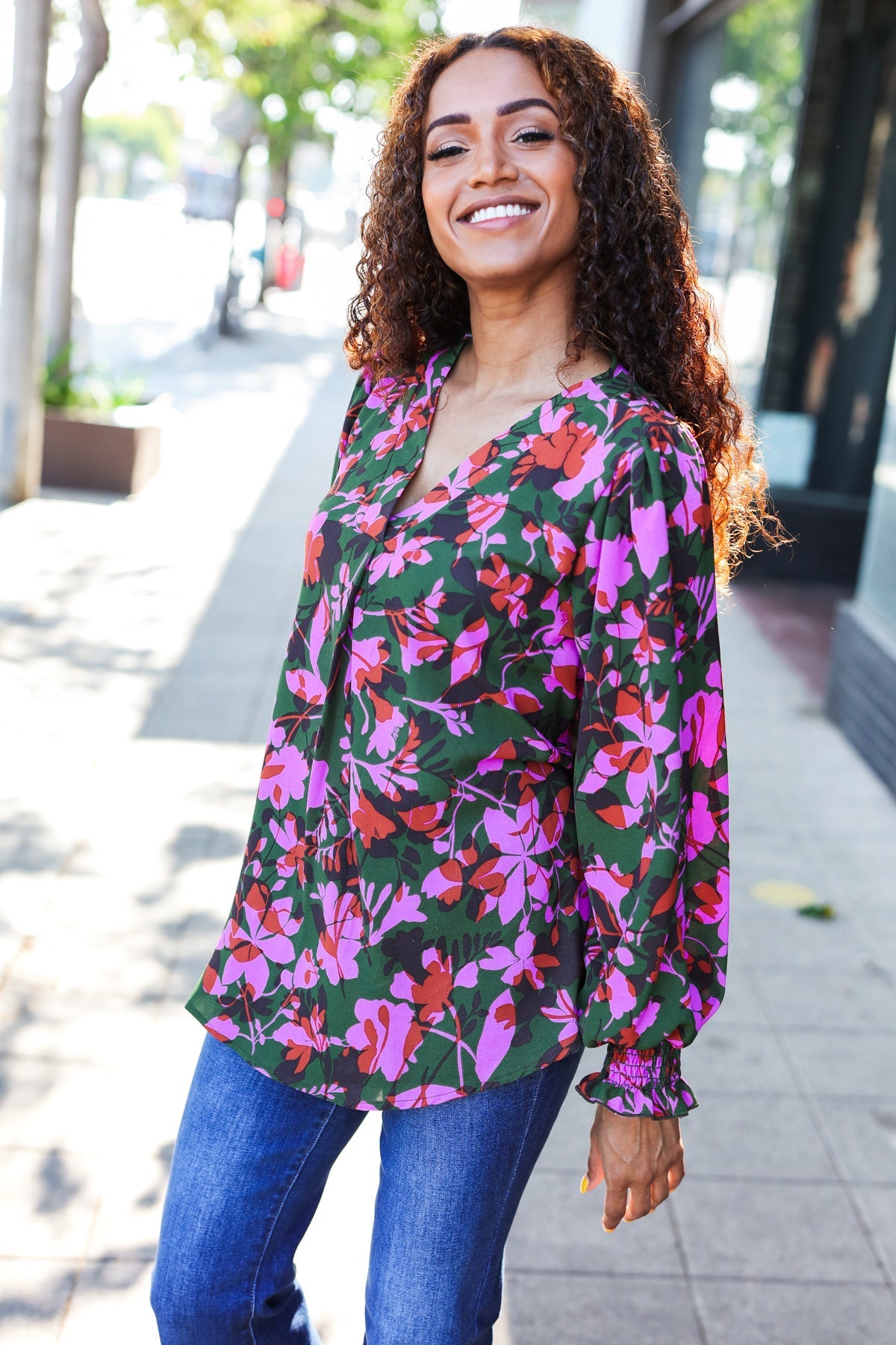 Eyes On You Forest Green Floral Smocked Bubble Sleeve V-Neck Blouse - Elegant Spring Summer Floral Top for Women, Perfect for Date Night, Garden Party & Casual Outings