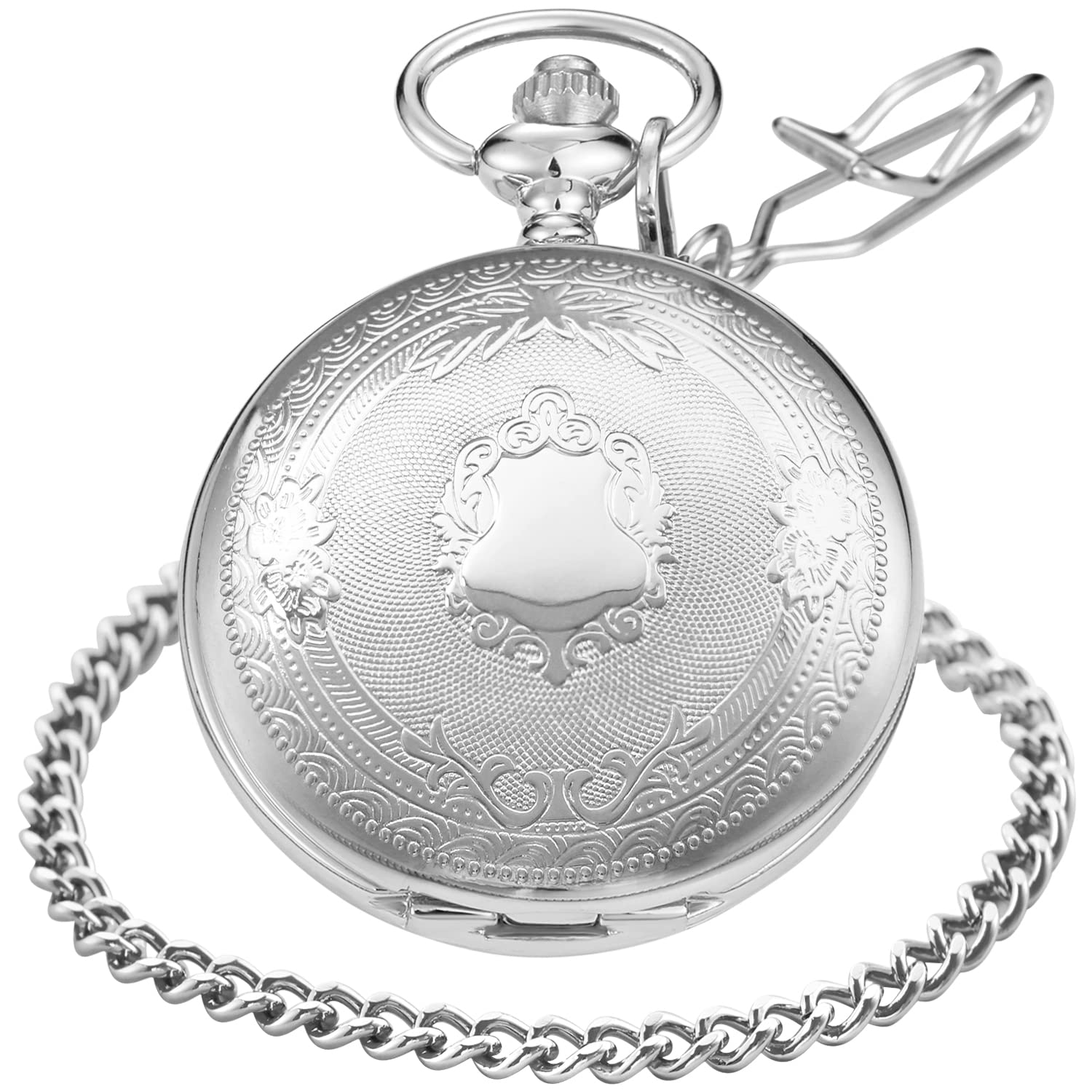 Vintage Roman Numeral Quartz Pocket Watch - Silver Smooth Round Case, White Dial with Belt Clip Chain - Perfect for Steampunk Costumes, Weddings & Collectors