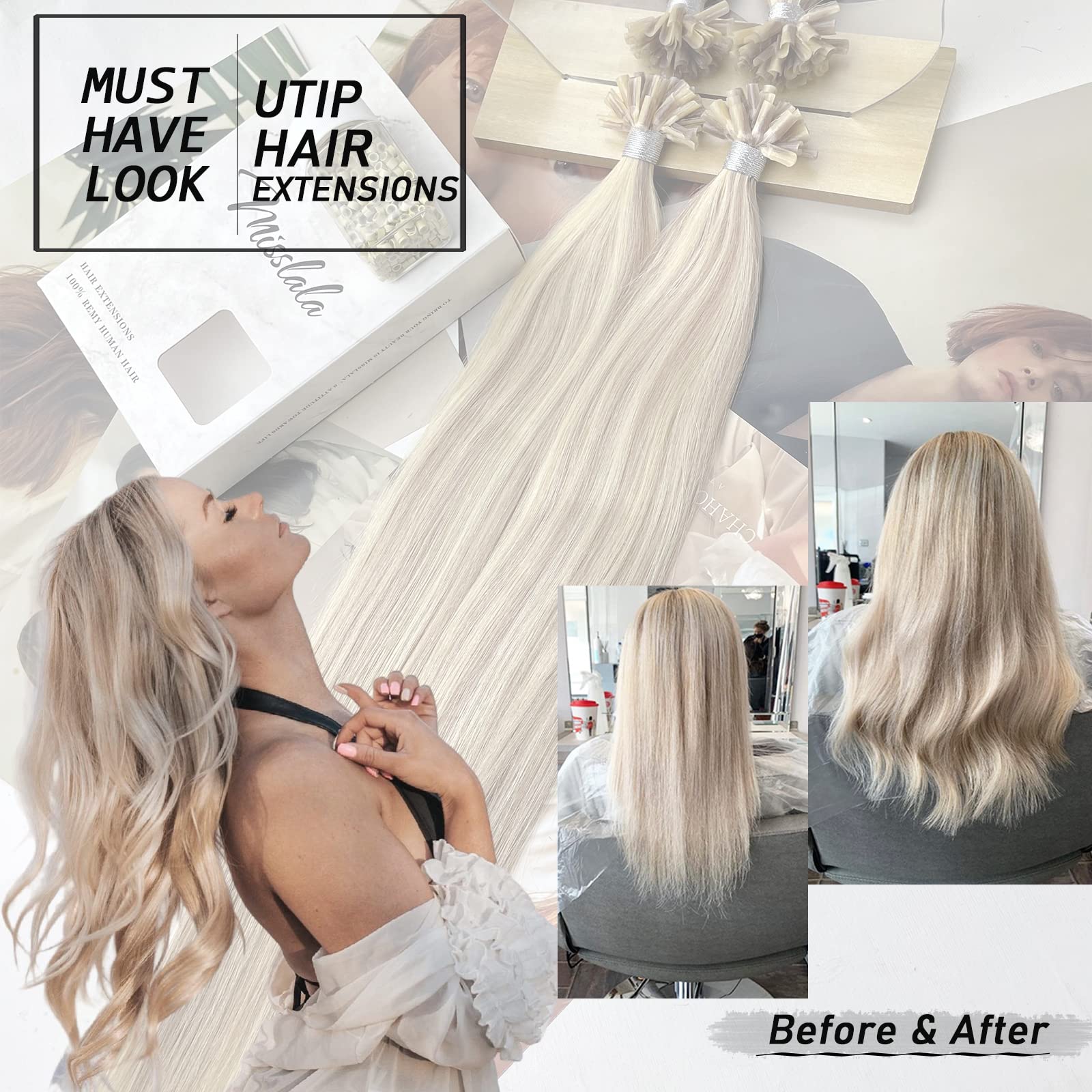 18 Inch U-Tip Hair Extensions - Pre-Bonded 100% Remy Human Hair - #18/613 Ash Blonde & Bleach Blonde Mix - Keratin Tip Fusion Extensions - 50g/50 Strands - Perfect for Daily Wear, Parties & Special Occasions