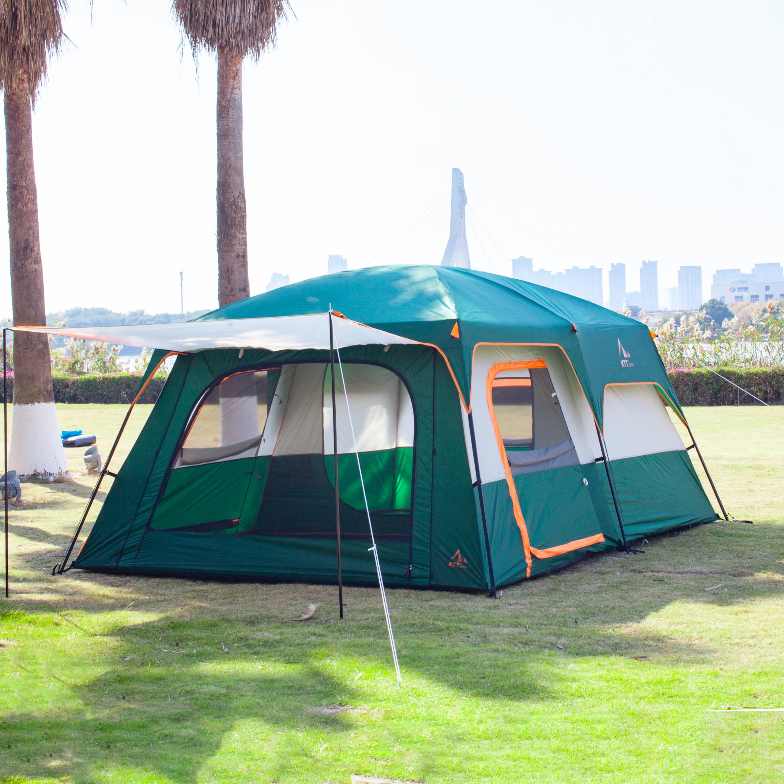 KTT Extra Large Family Cabin Tent for 10-12-14 People (Style-B) - 2 Rooms, 3 Doors & 3 Windows with Mesh, Straight Wall Design, Waterproof Double Layer - Perfect for Camping, Picnics, Outdoor Adventures & Family Gatherings