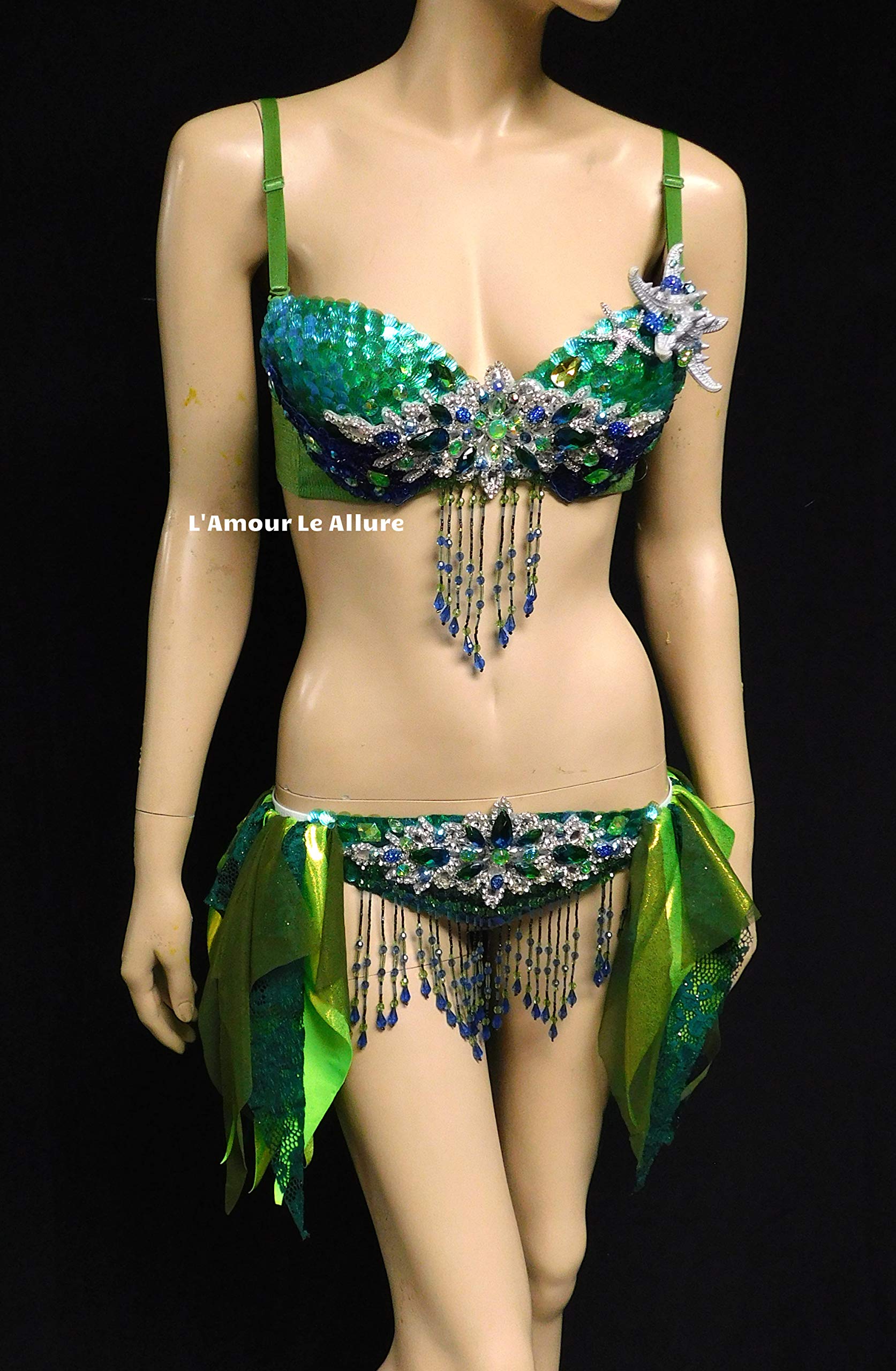 Sparkling Mermaid Bra & Skirt Set - Green, Blue & Silver Sequin Scales for Costume Parties, Halloween & Cosplay