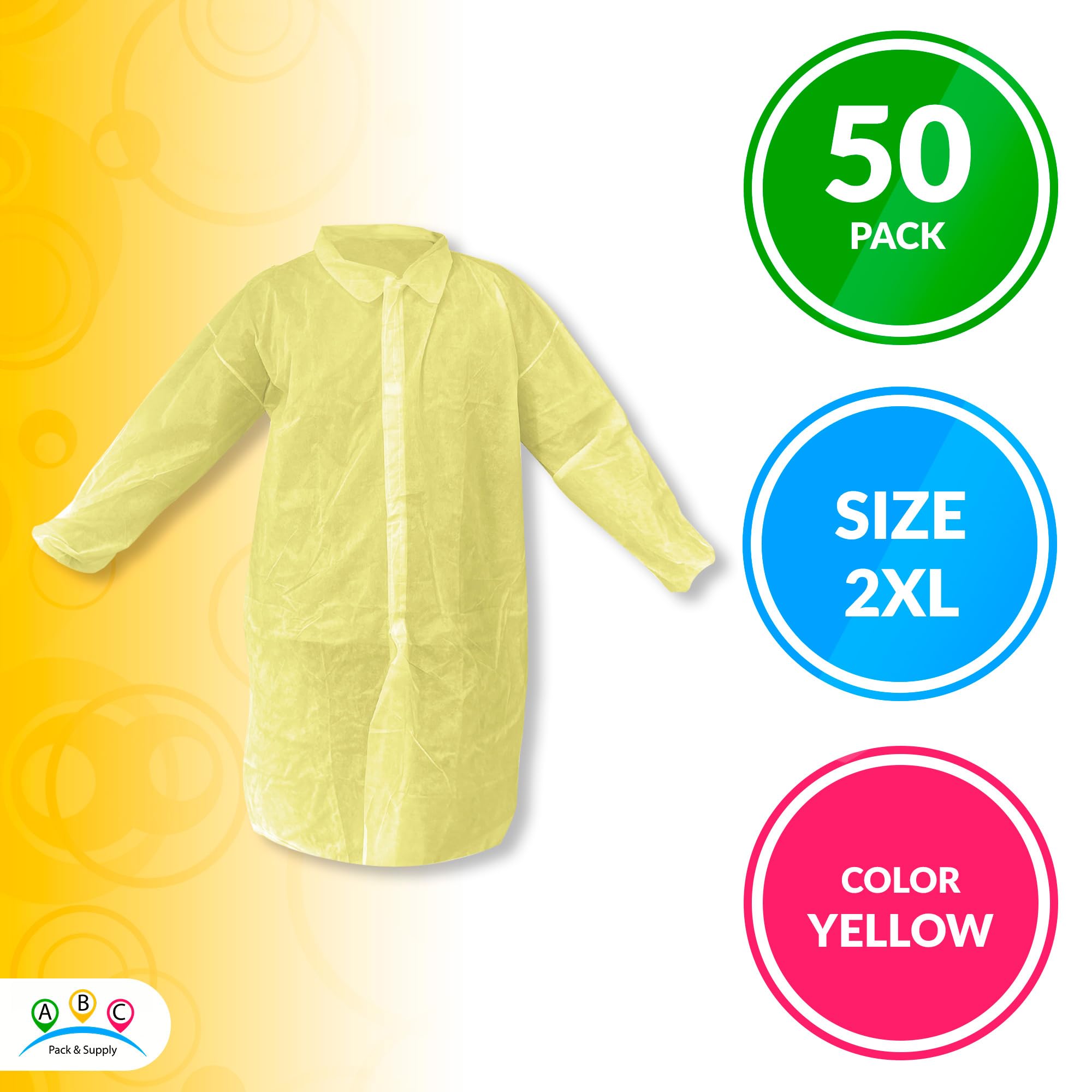 ABC Yellow Disposable Lab Coats for Adults - 2XL Size, 50 Pack Polypropylene Medical Protective Clothing, 44 Inches Long with Hook & Loop Closure, Elastic Wrists (No Pockets) - Ideal for Medical Labs, Painting, Science Experiments & Industrial Work PPE