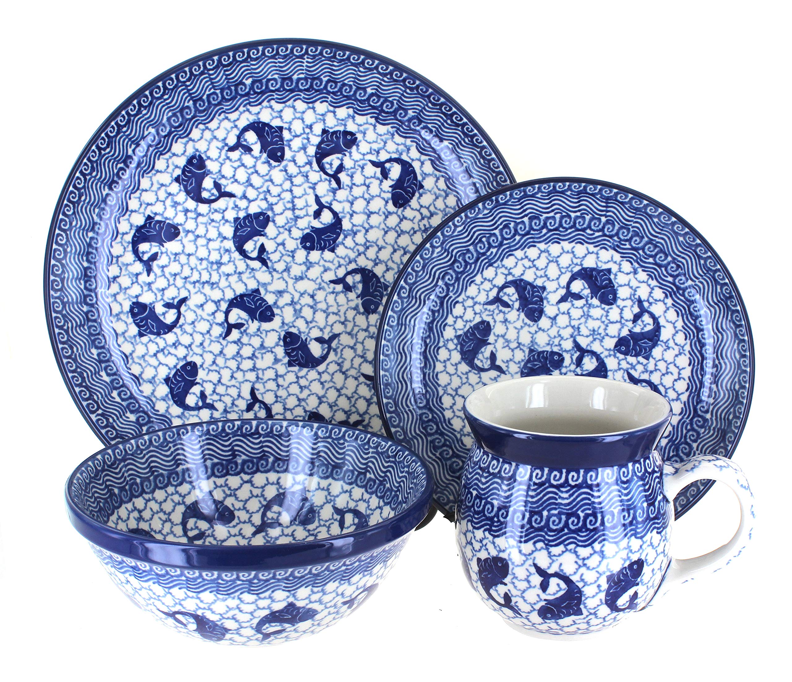 Blue Rose Polish Pottery Mosaic Beach 16-Piece Dinnerware Set - Elegant Handcrafted Ceramic Plates, Bowls & Mugs - Perfect for Beach House, Outdoor Dining & Boho Home Decor
