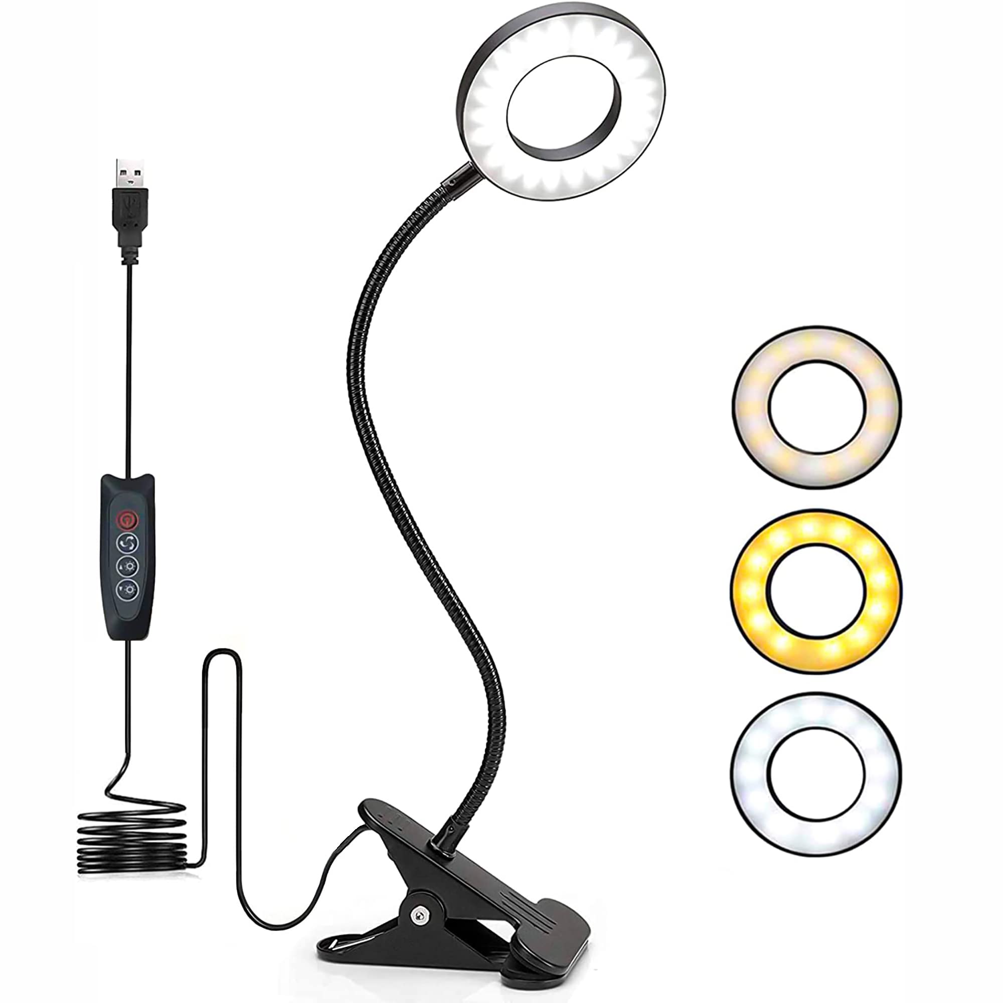 Foneso 48 LED USB Desk Lamp with 3 Color Modes & 10 Brightness Levels - 360° Flexible Gooseneck Clip On Light for Eye Protection - Perfect for Reading, Makeup, Office Work, and Nighttime Use (Black)