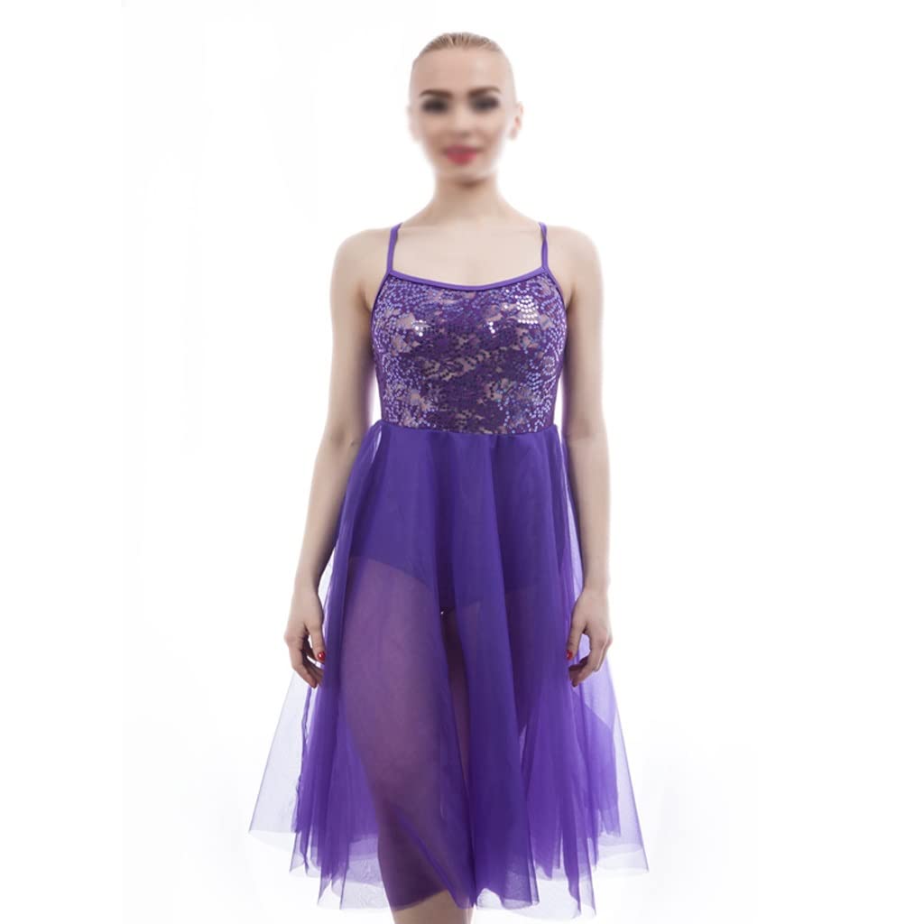 Dark Purple Sequin Ballet Dance Dress for Adults - Elegant Stage Performance Contemporary Lyrical Dancewear (MA Size) | Perfect for Recitals, Competitions & Theatrical Performances