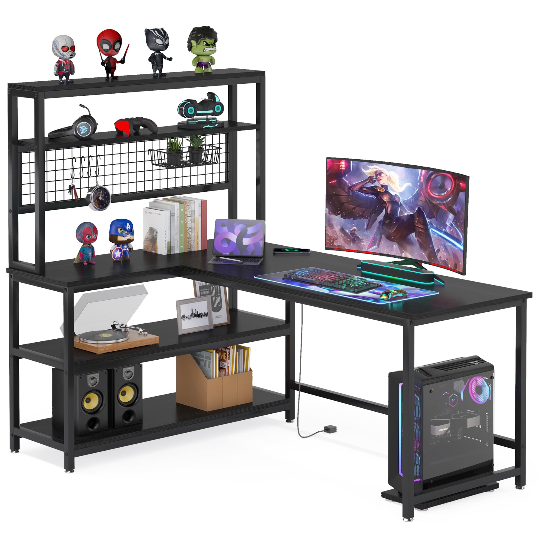 Tribesigns 55 Inch Large Computer Desk with Wireless Charging & 5 Storage Shelves - Home Office Desk, Study Table, Writing Desk Workstation with Hutch Bookshelf (All Black) - Perfect for Remote Work, Gaming & Small Space Home Offices