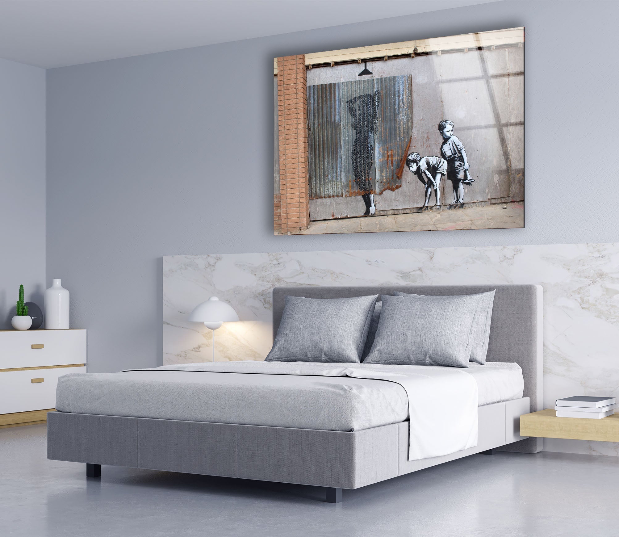 Banksy Shower Peeping Boys Framed Glass Wall Art - Modern Home Decor for Living Room, Bedroom & Office