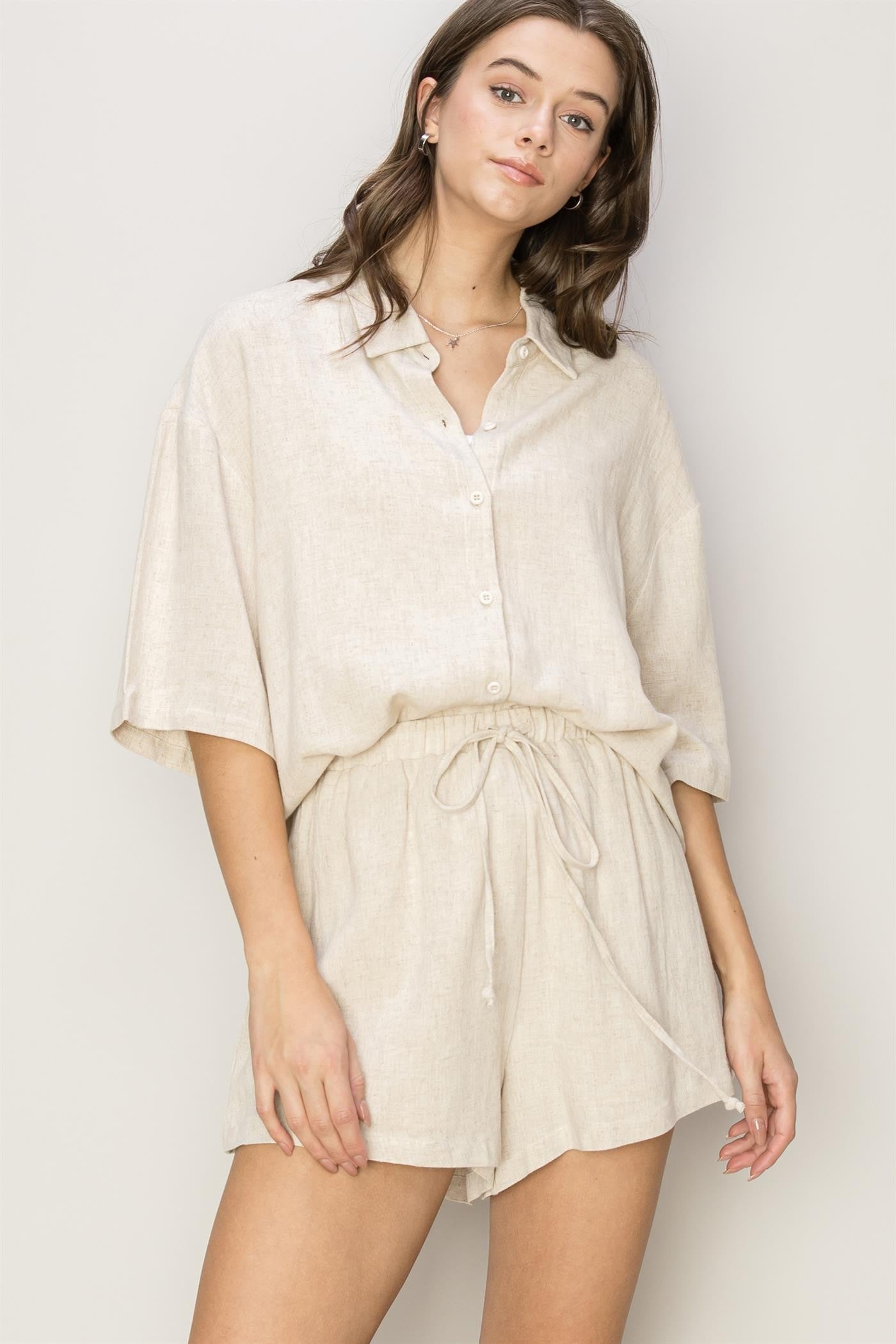 Beige Linen Blend Short Sleeve Short Set for Women - Summer Casual Outfit, Lounge Wear, Beach Vacation & Street Style Fashion
