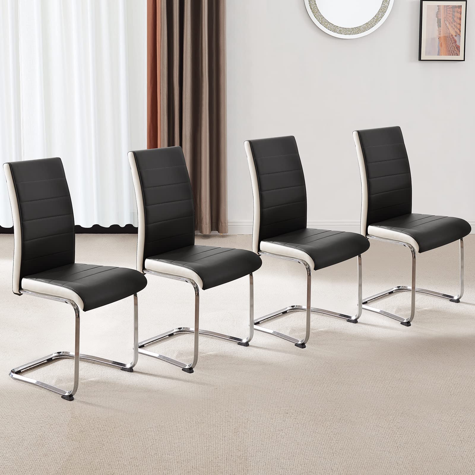 SICOTAS 4-Piece Modern Dining Chair Set - Faux Leather Upholstered High Back Kitchen Chairs with Sturdy Metal Base, Armless Side Chairs for Dining Room & Kitchen (Black) - Perfect for Family Dinners, Entertaining Guests & Small Space Dining Areas