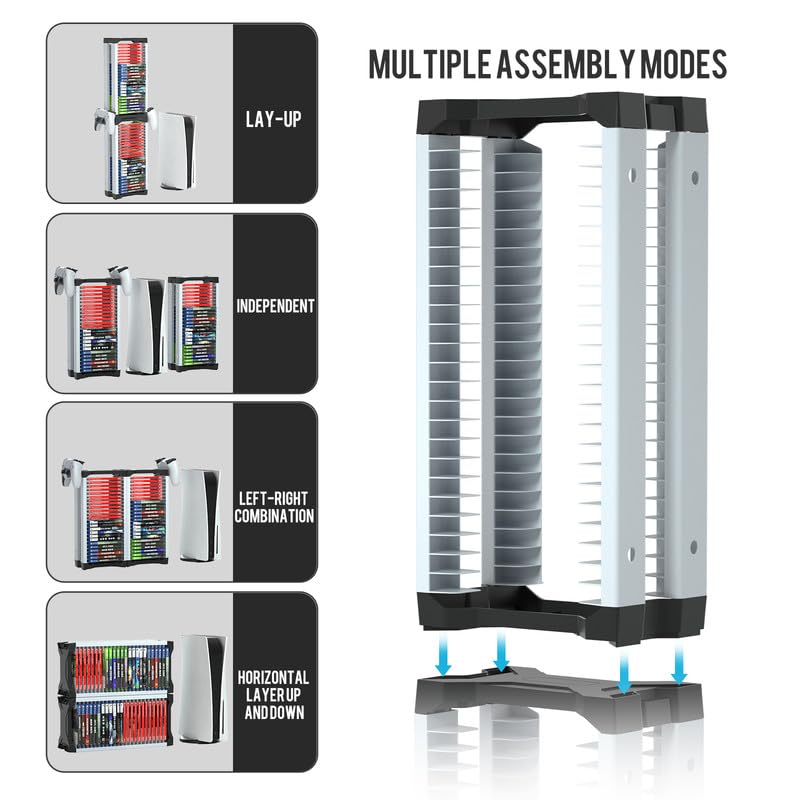 ECHZOVE Video Game Storage Tower - Vertical or Horizontal Organizer for PS5, PS4 & Xbox Games - Holds Up to 46 Disc Cases with 2 Headset Hooks - Perfect for Gaming Room Organization & Console Setup