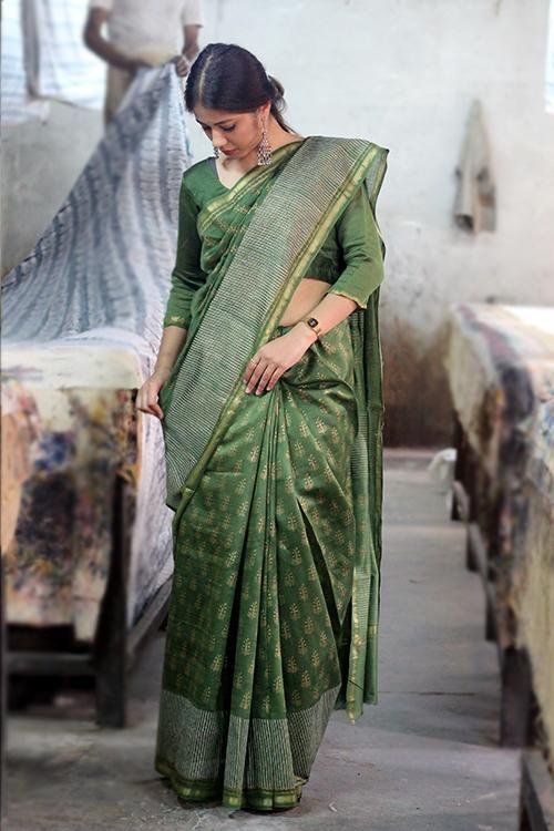 Handblock Printed Chanderi Silk Saree - Traditional Indian Bridal & Party Wear - Elegant Handmade Saree for Weddings, Festivals & Special Occasions