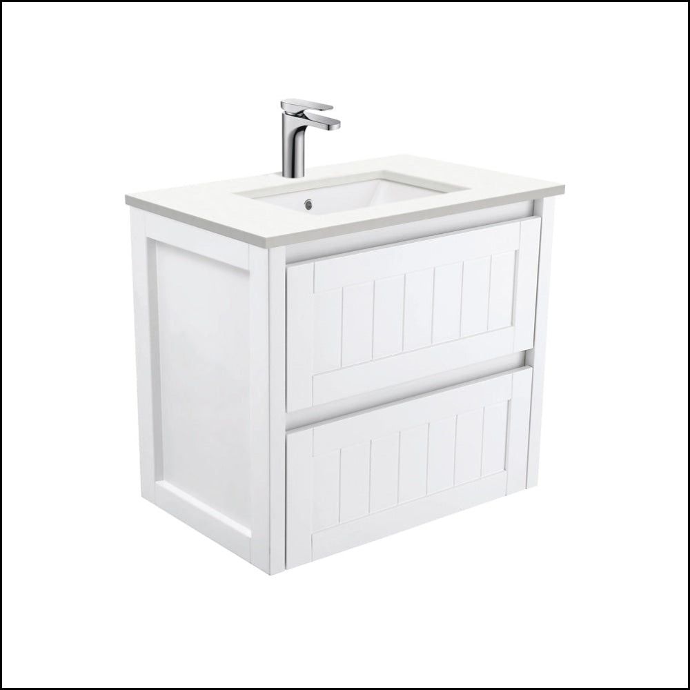 Fienza 750mm SC75T Crystal Pure Undermount Stone Top Hampton Wall Hung Bathroom Vanity Unit in White – Perfect for Modern Master Bathrooms and Powder Rooms
